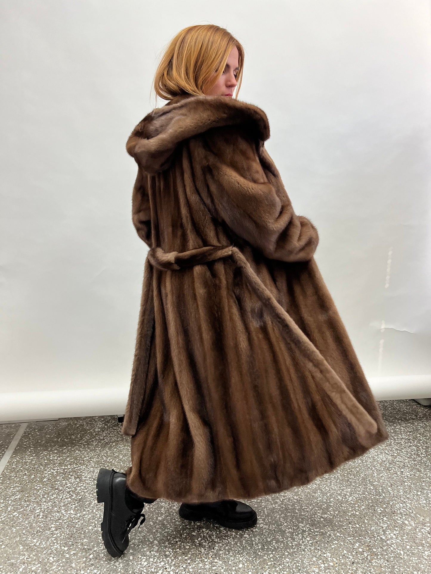 Handmade Brown Mink Fur Hooded Coat - Demi Buff Pelts, Made in Greece