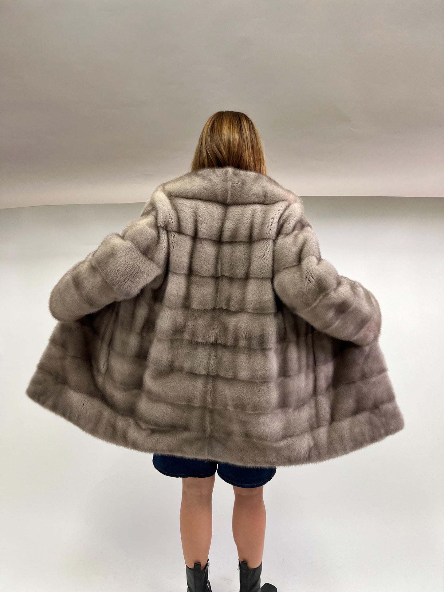 Real Silver Mink Fur Stroller Coat, High Collar - Size Small/Medium
