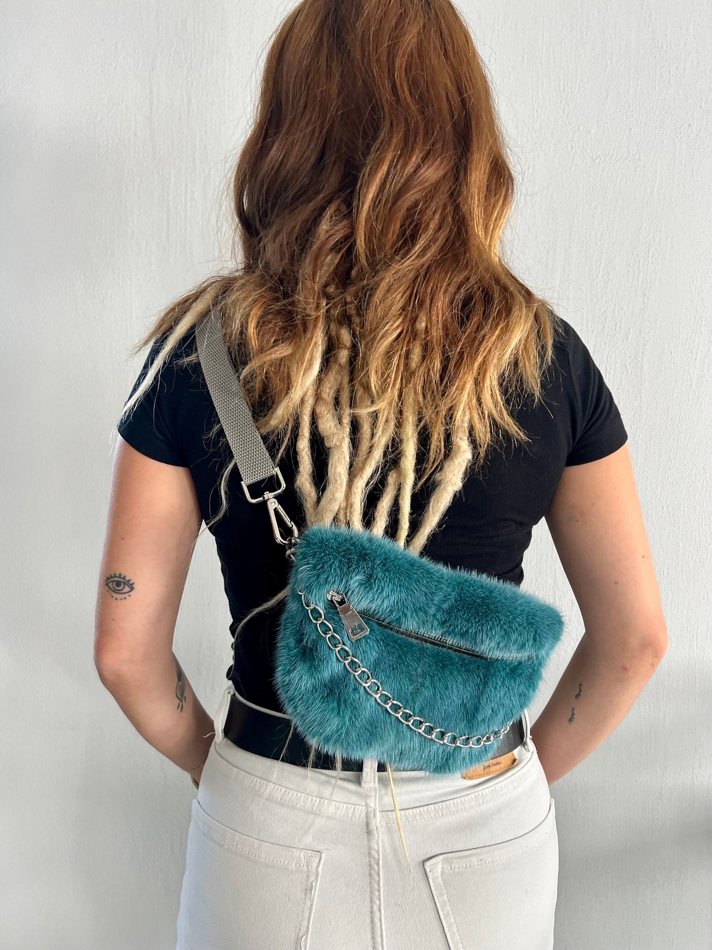 Real Mink Fur Bumbag: Petrol Fanny Pack with Chain