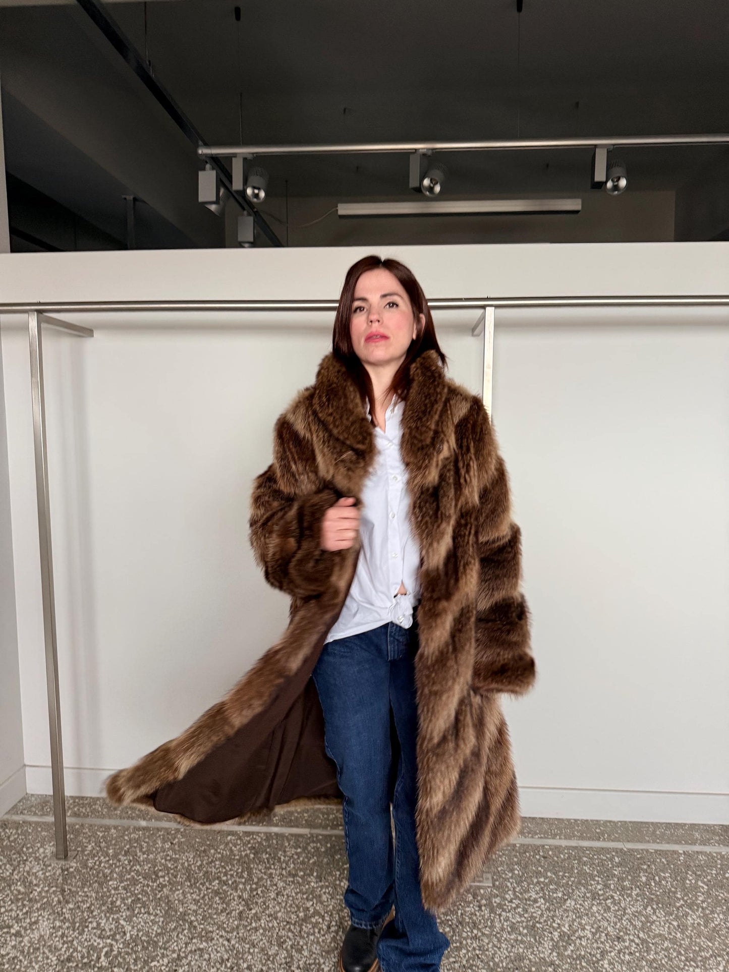 Real Raccoon Fur Coat: Choco Brown extremely warm diagonal fur stroller.