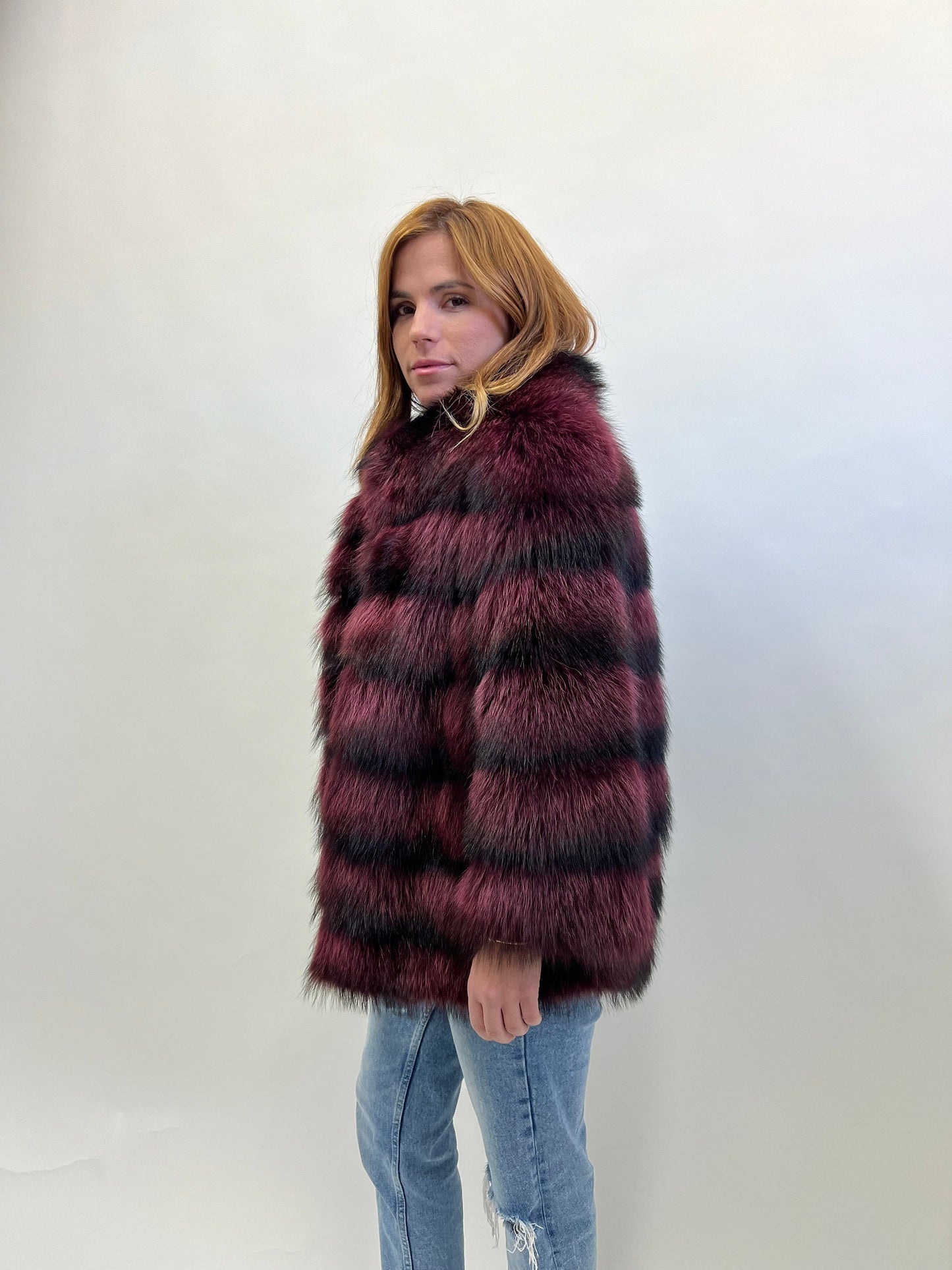 Burgundy Raccoon Fur Jacket: Leather Trim, Warm Winter Coat