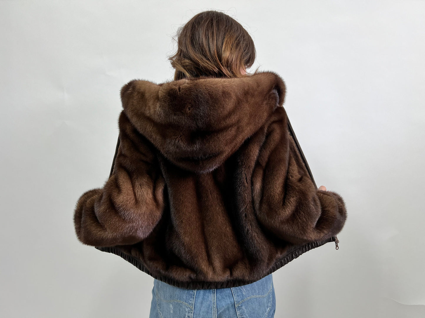 Reversible Brown Leather Mink Fur Hooded Bomber Jacket