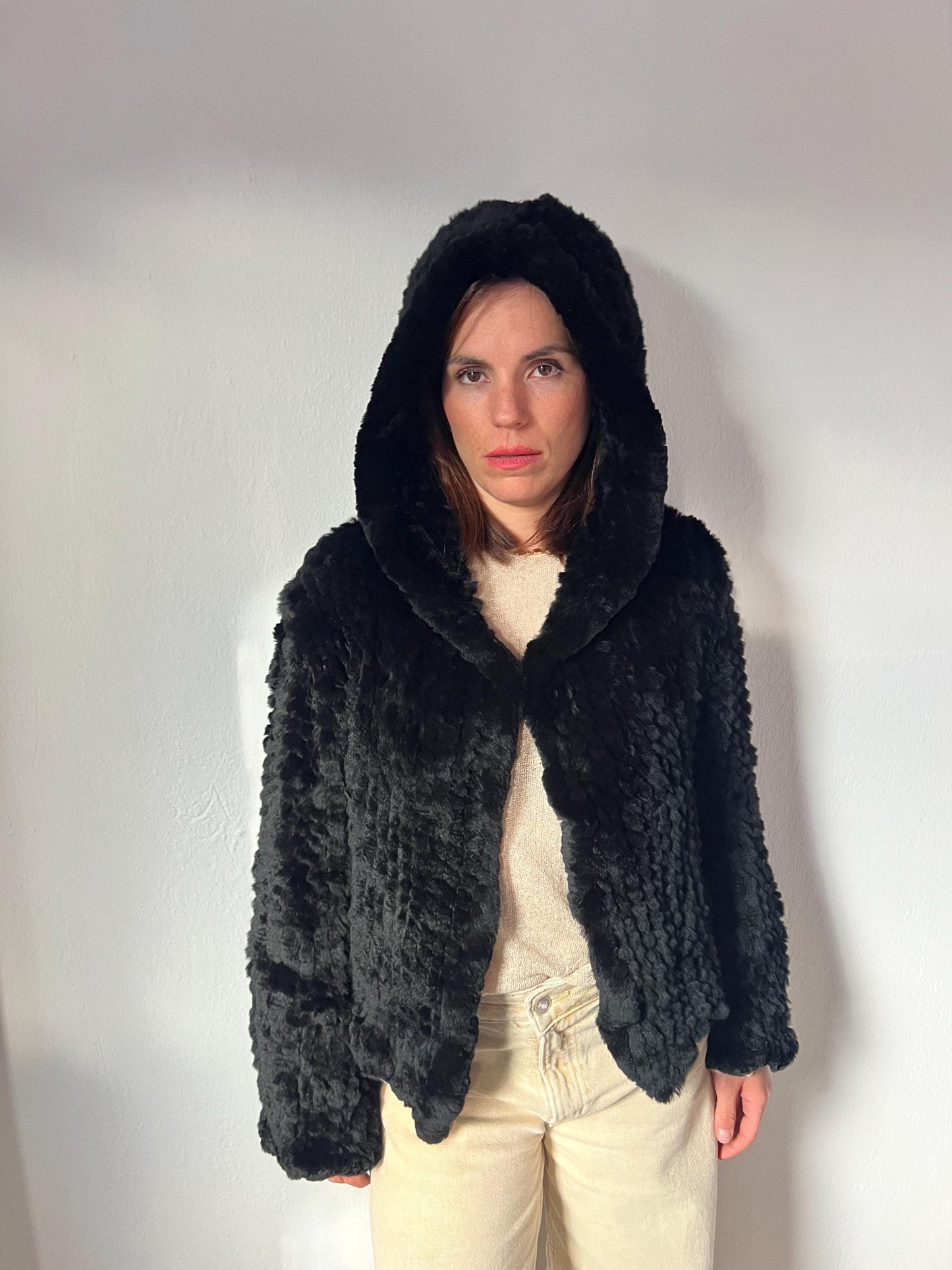 Handwoven Black Rabbit Fur Hooded Jacket - Frog Closure