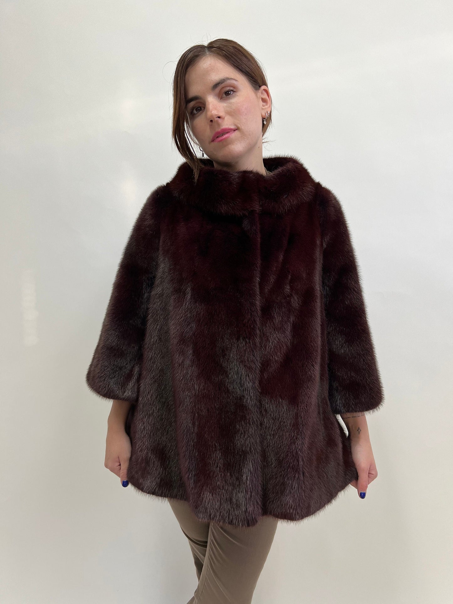 Burgundy Mink Fur Jacket: Saga Quality, Edgy Stand Up Collar