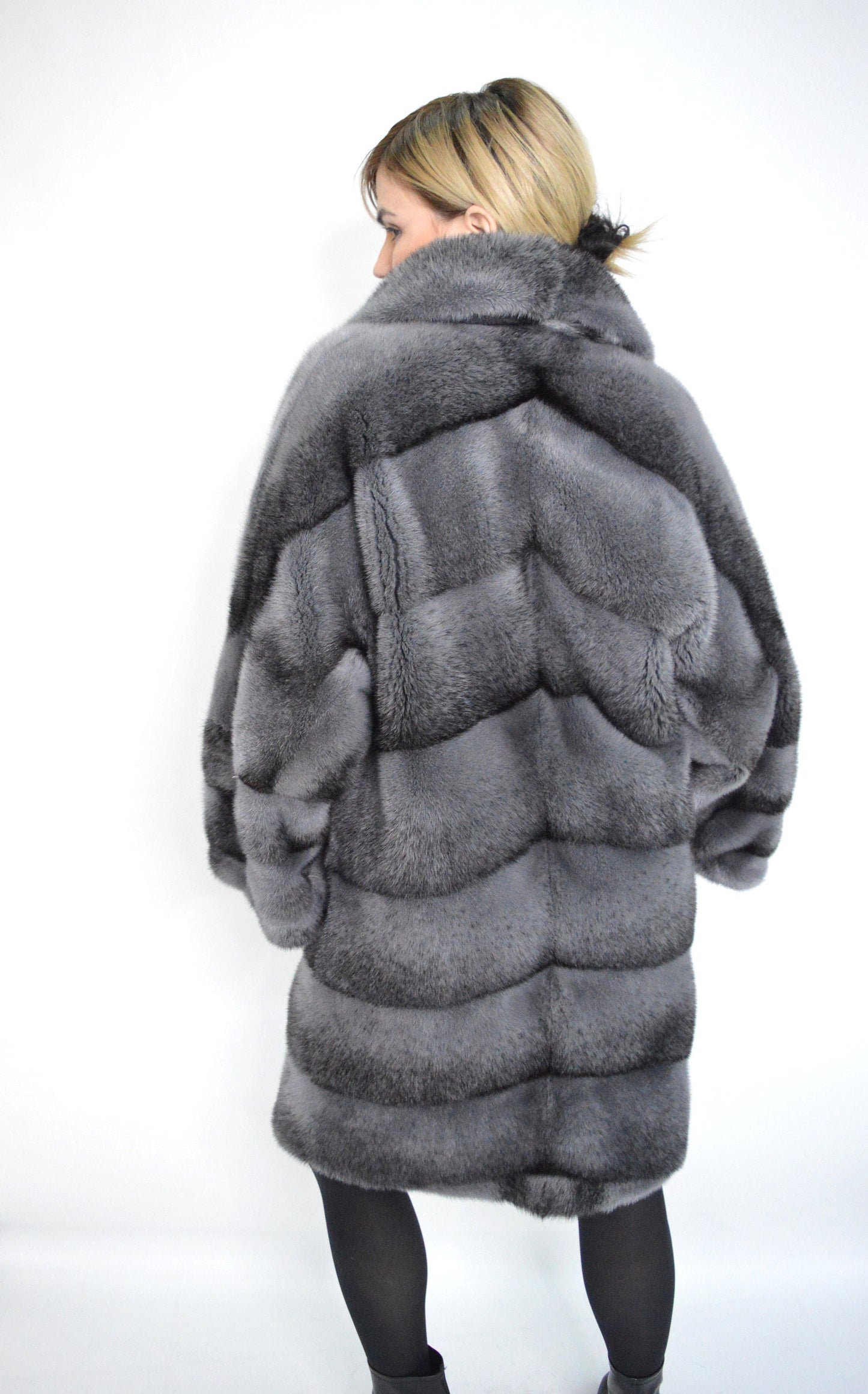 Grey Mink Fur Kimono Coat: Black Cross Dyed, oversized with Leather Belt