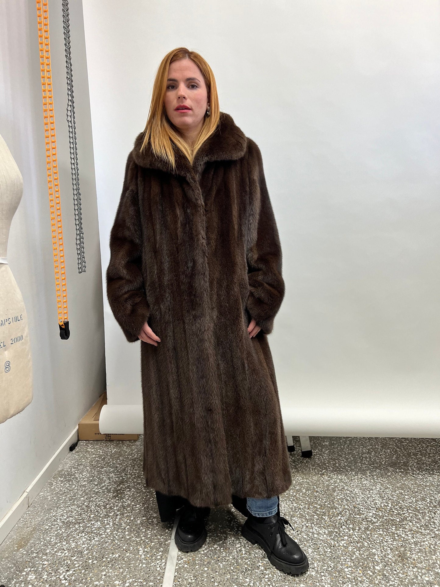 Handmade Brown Mink Fur Coat: Long Collared Stroller, Size Small