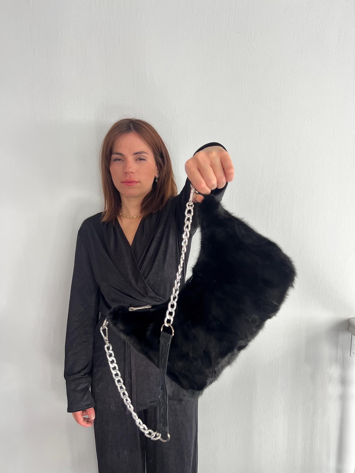 Black Mink Fur Tote Bag: Leather & Chain Detail, Handmade