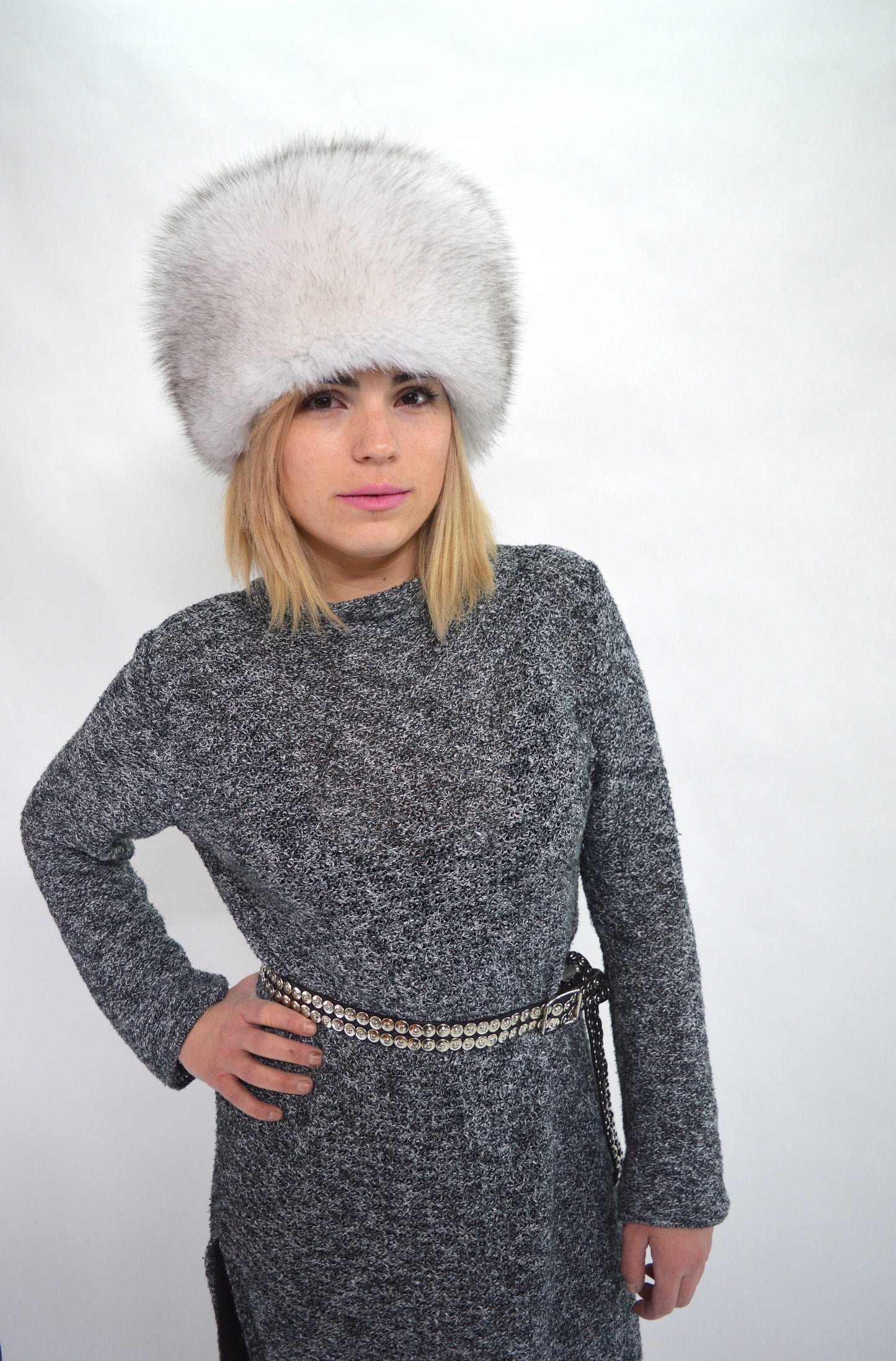 Blue Fox Fur Cossack Hat, Winter Fluffy Head Warmer