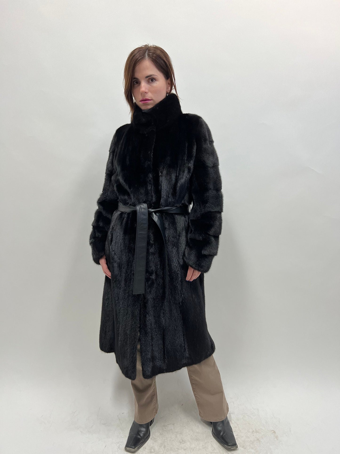 Black Velvet Mink Fur Coat: Nafa Leather Belt, Handmade in Greece