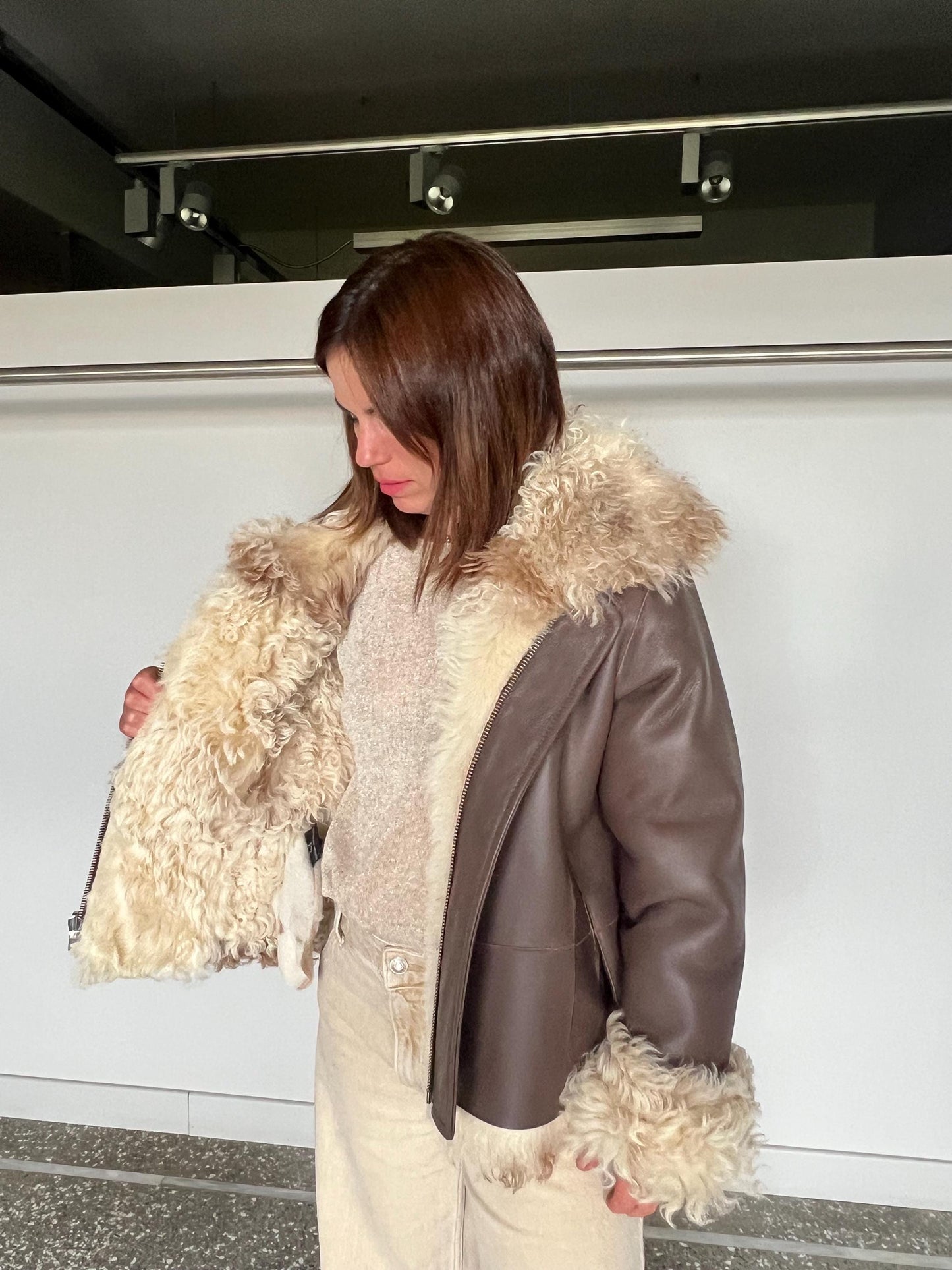 Handmade Shearling Fur Jacket: White & Beige, Taupe Leather, Zip Up