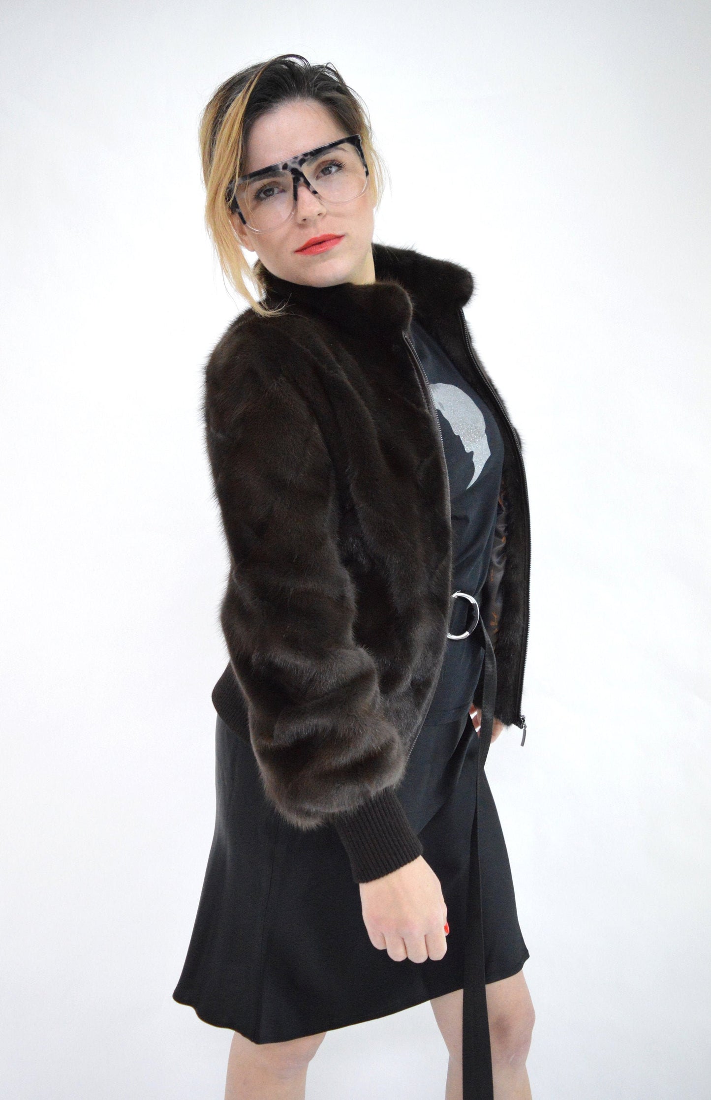 Brown Mink Fur Bomber Jacket: Knitted Trim, Luxury Women's Coat