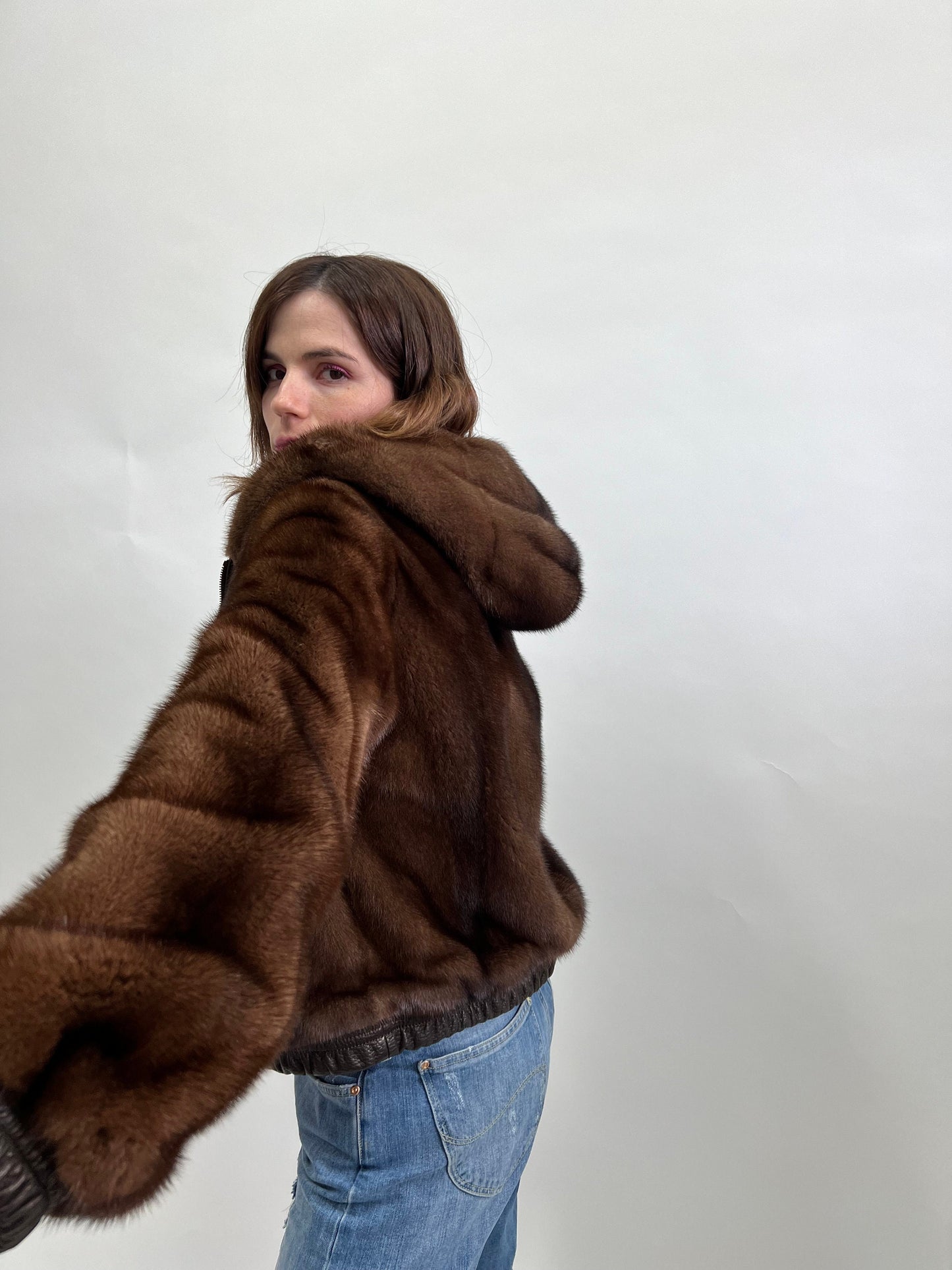 Reversible Brown Leather Mink Fur Hooded Bomber Jacket