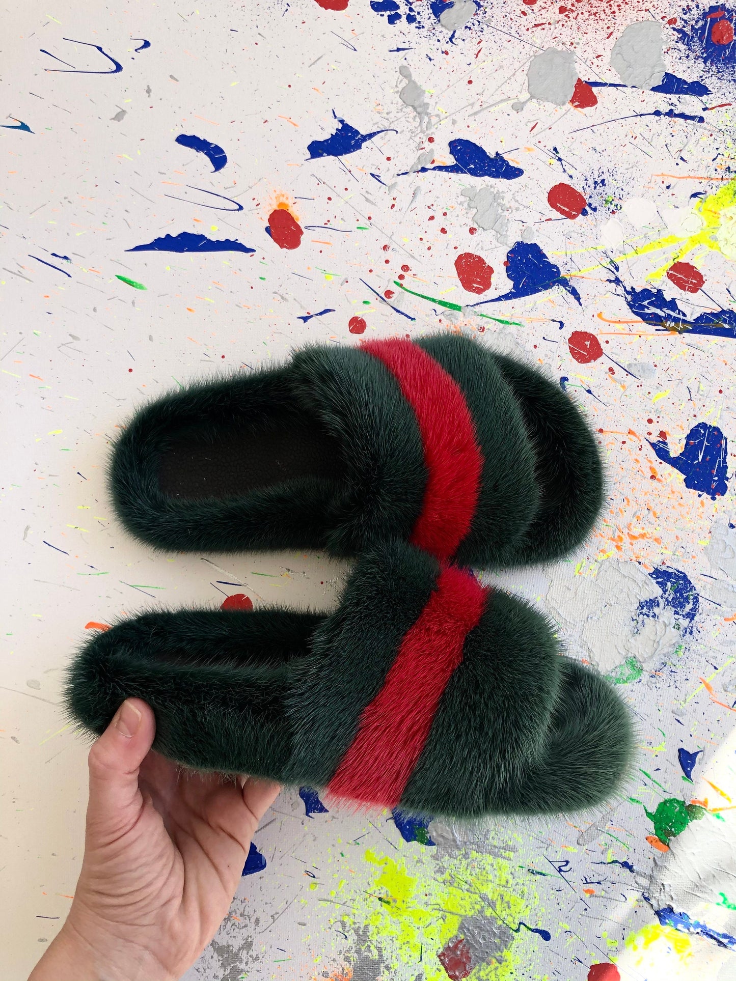 Green & Red Mink Fur Slides: Luxury Comfy Slippers