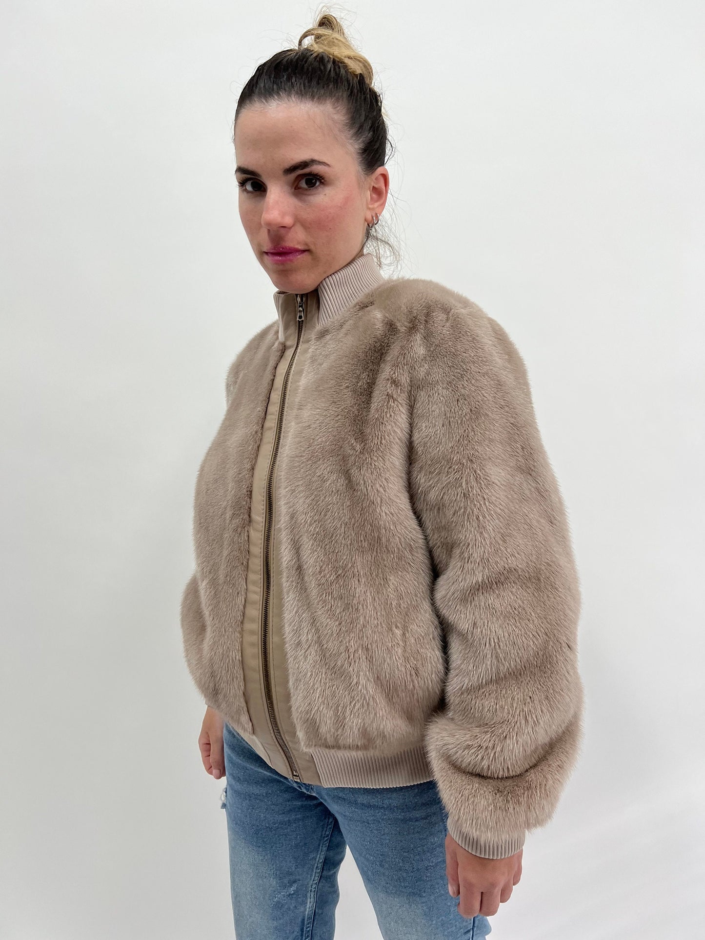 Taupe Mink Fur Bomber Jacket: Knit & Leather, Handmade in Greece