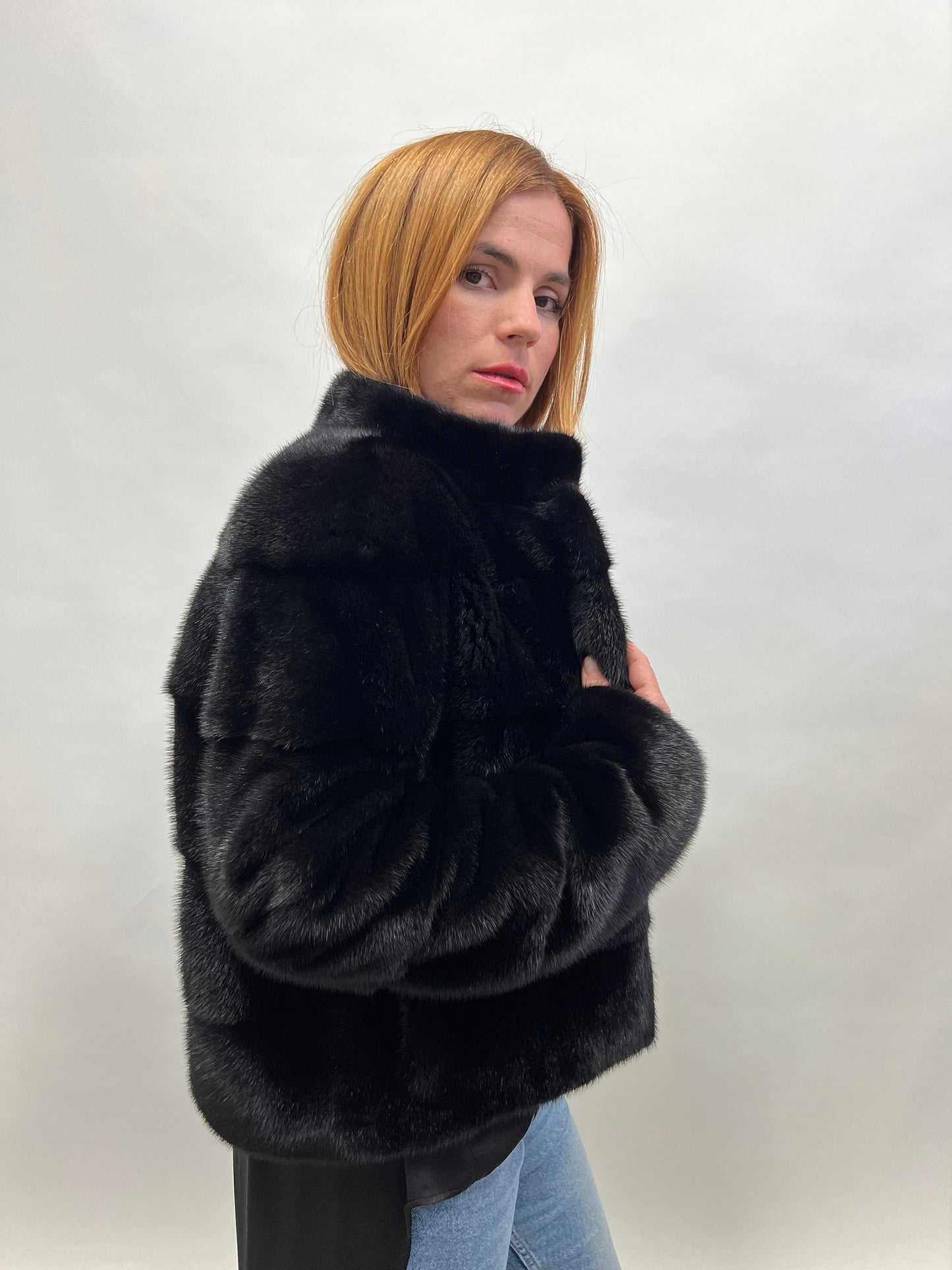Saga Mink Fur Bolero Jacket: Black Horizontal Collar, Full Skin
