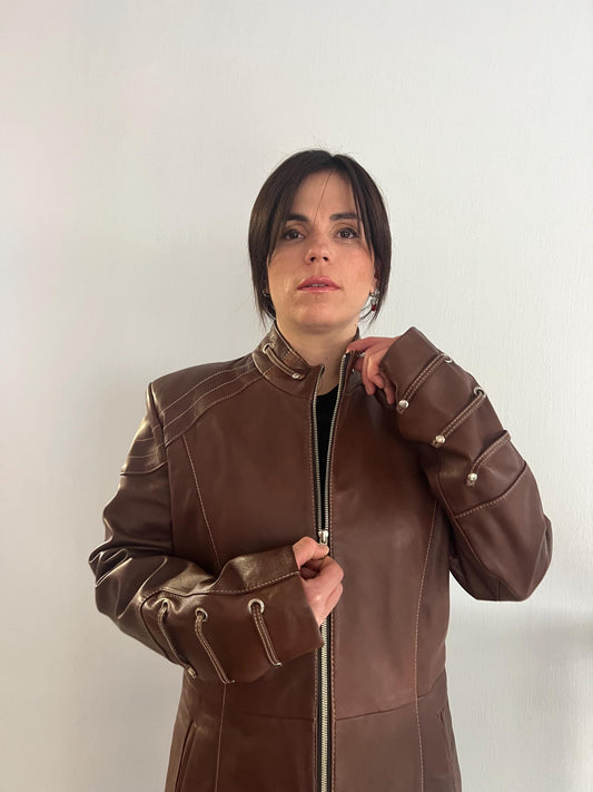 Handmade Nappa Lamb Leather Coat: Tobacco Brown Zip Front