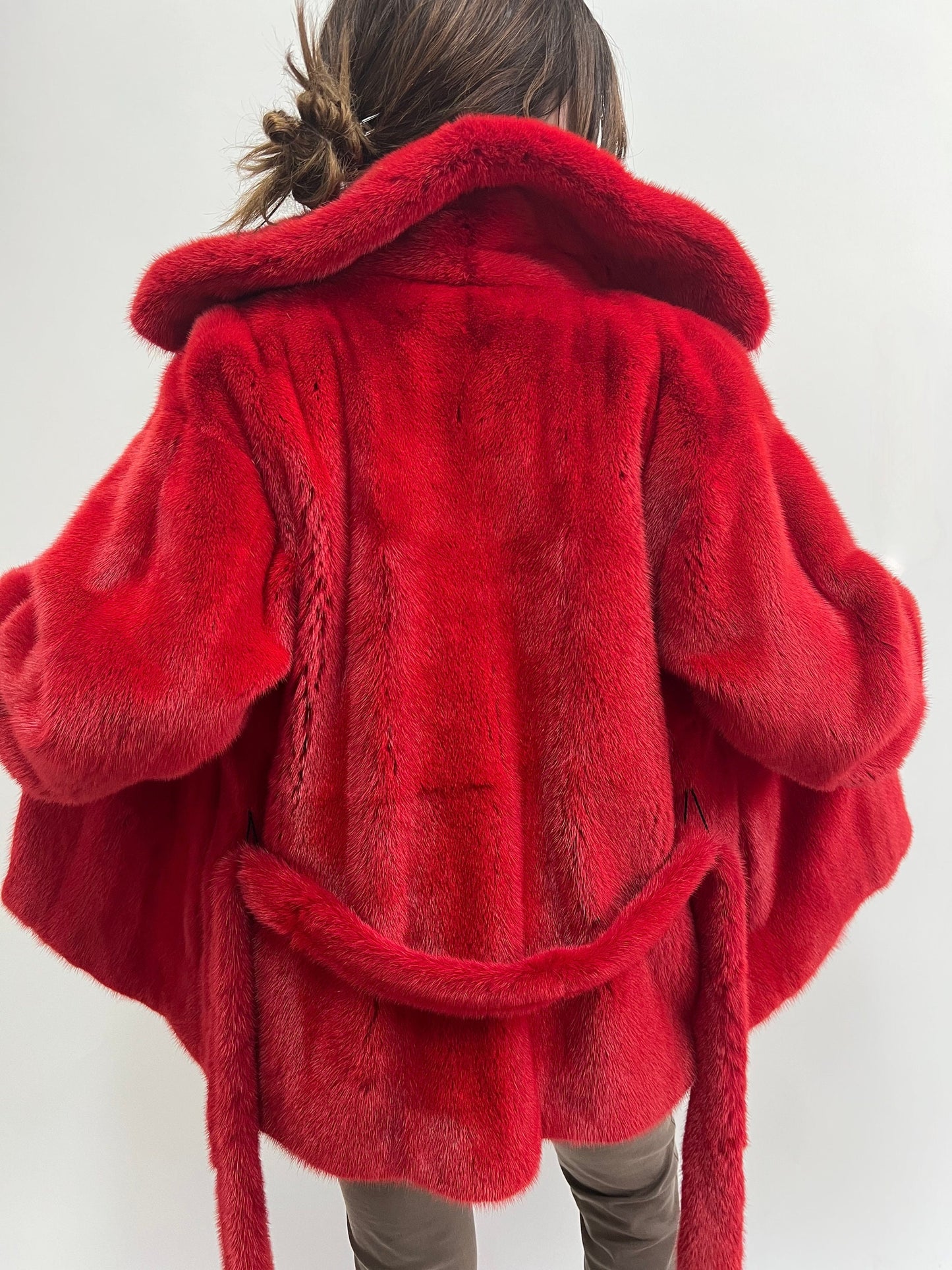 Fire Red Mink Fur Coat: Saga Quality Belted Jacket