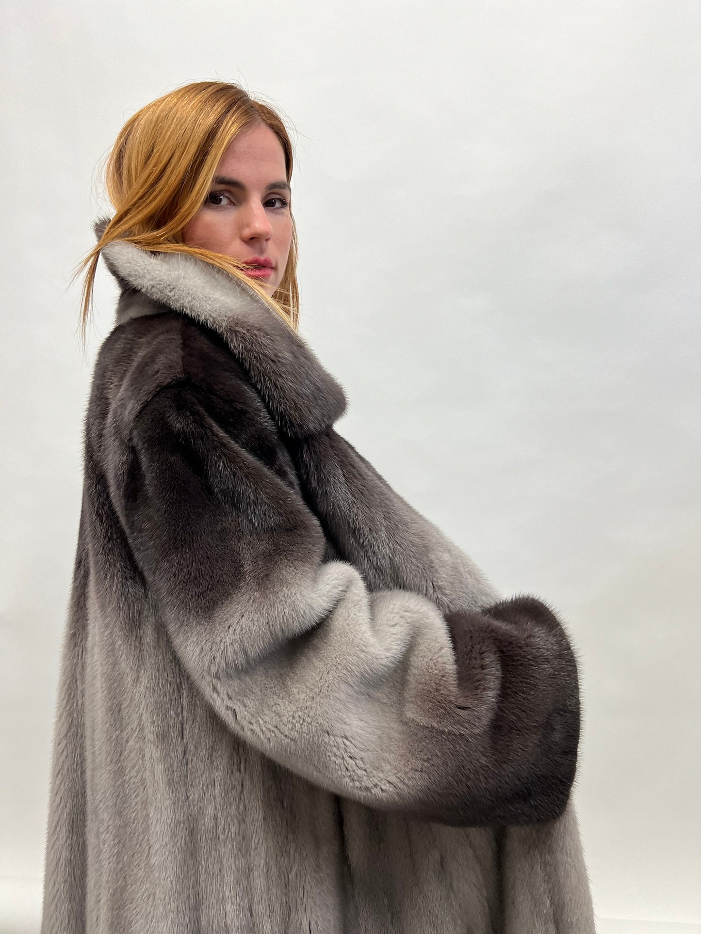 Saga Fur Mink Coat: Degrade Silver Graphite, Size 2XL