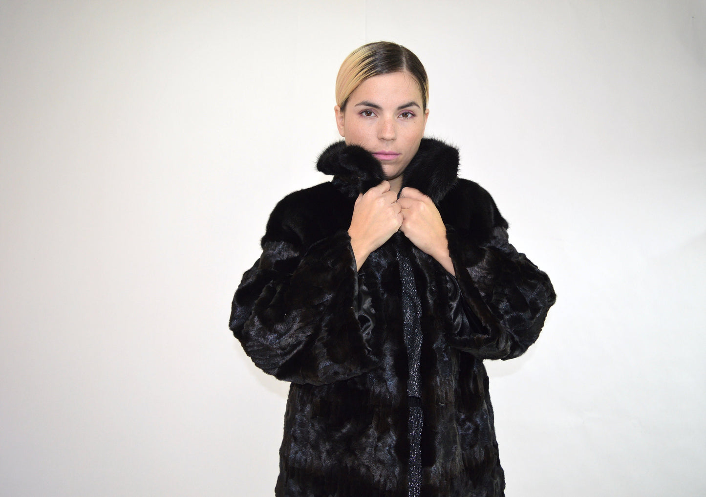 Black Mink Fur Jacket, Genuine Fur Pelt,with Collar