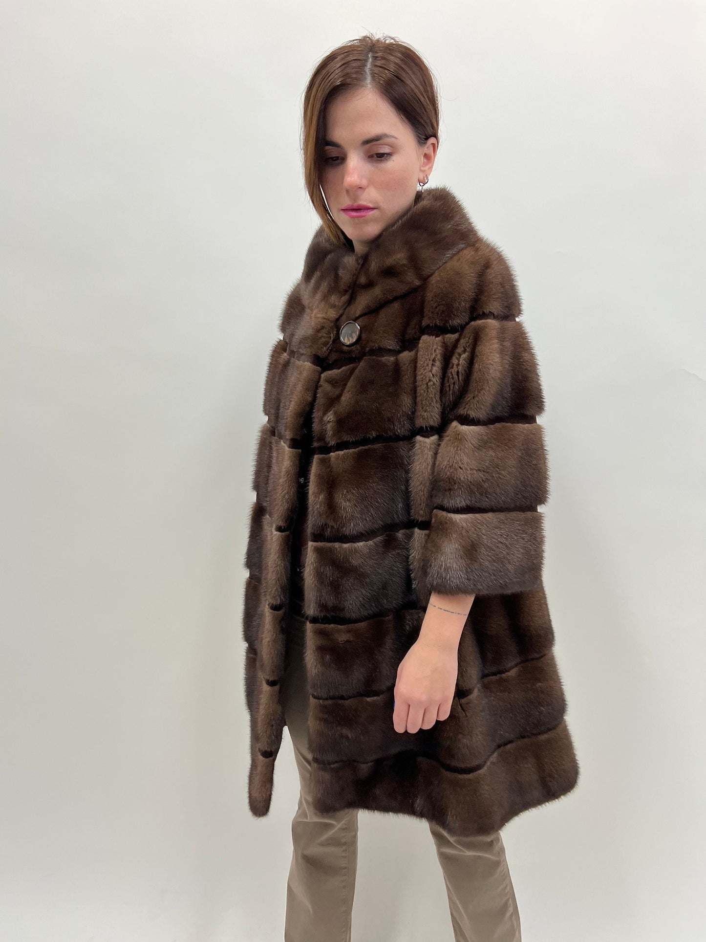 Saga Mink Fur Coat: Brown Sheared Trim, Handmade in Greece