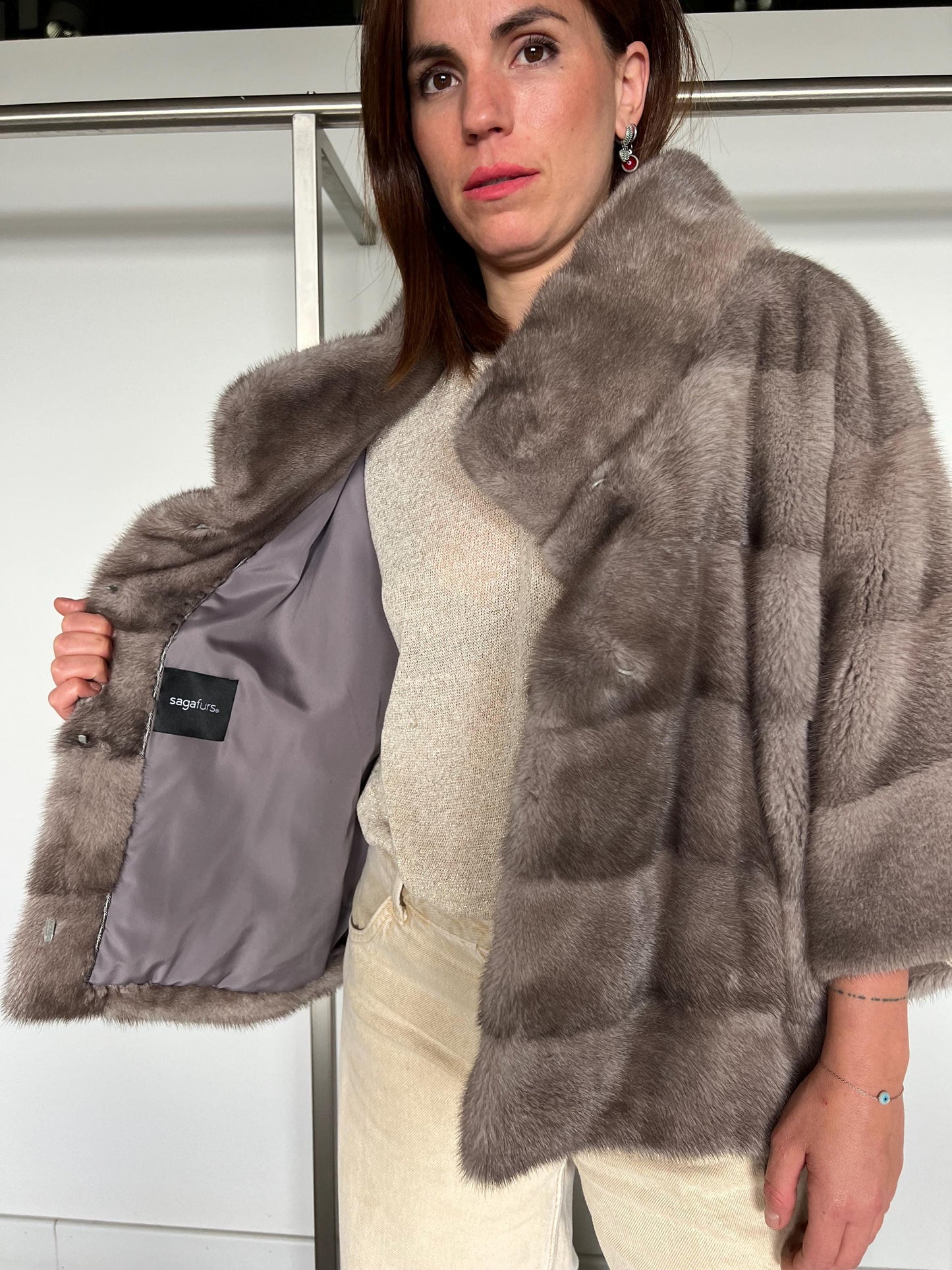 Handmade Silver Blue Mink Fur Cape: Oversized Jacket, Stand Up Collar