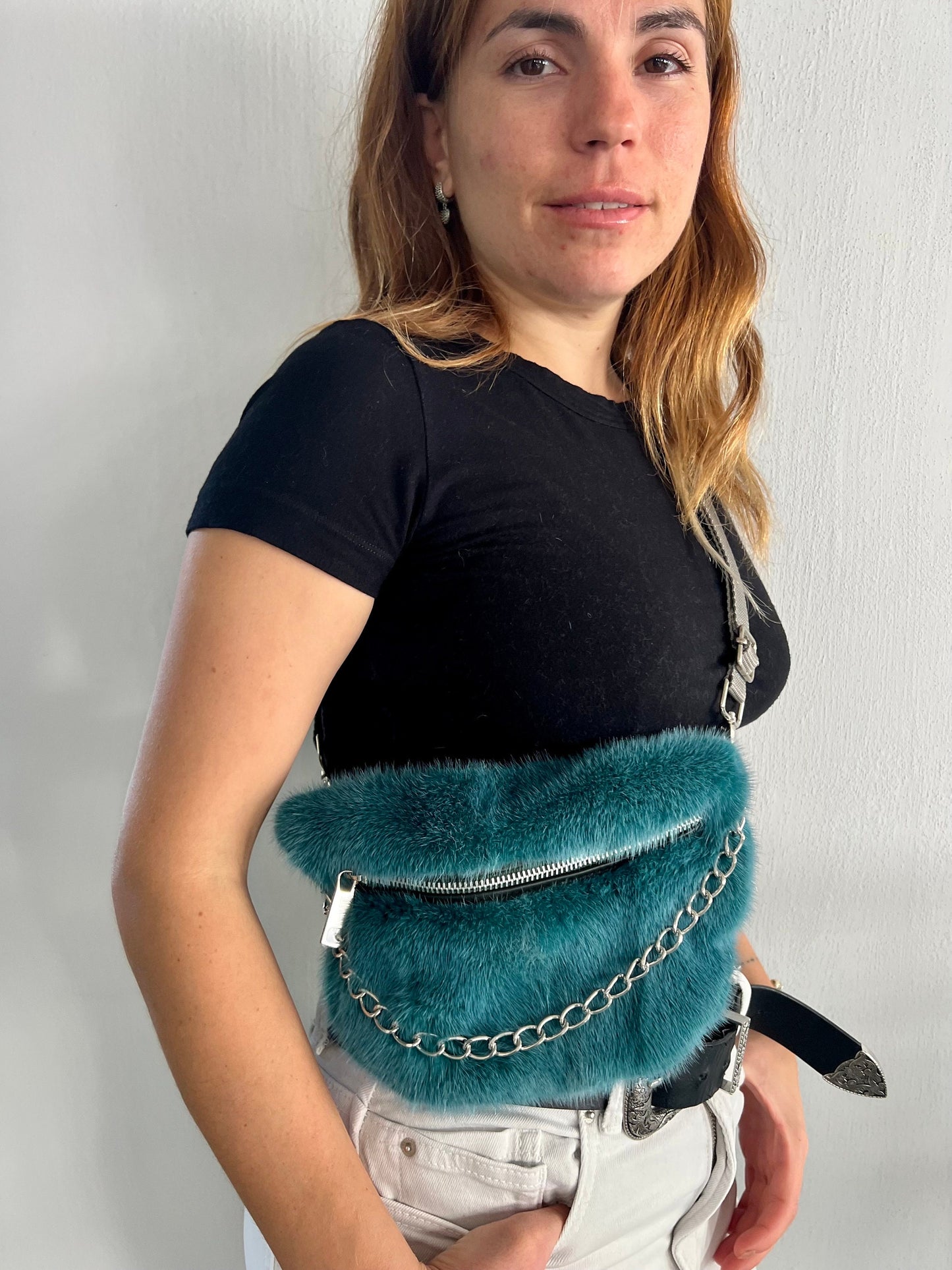 Real Mink Fur Bumbag: Petrol Fanny Pack with Chain