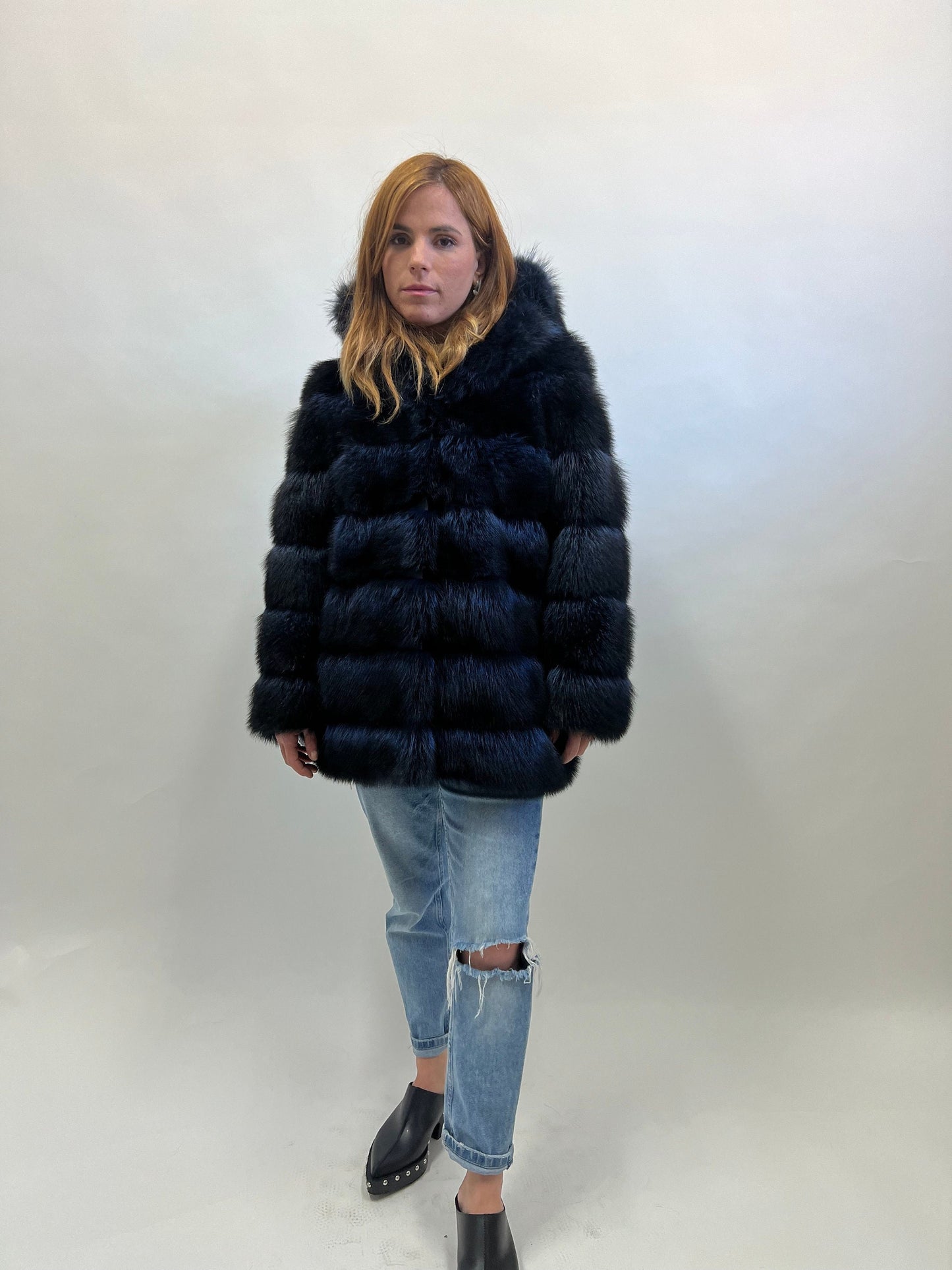 Genuine Blue Raccoon Fur Hooded Jacket: Leather Trim, Size Small
