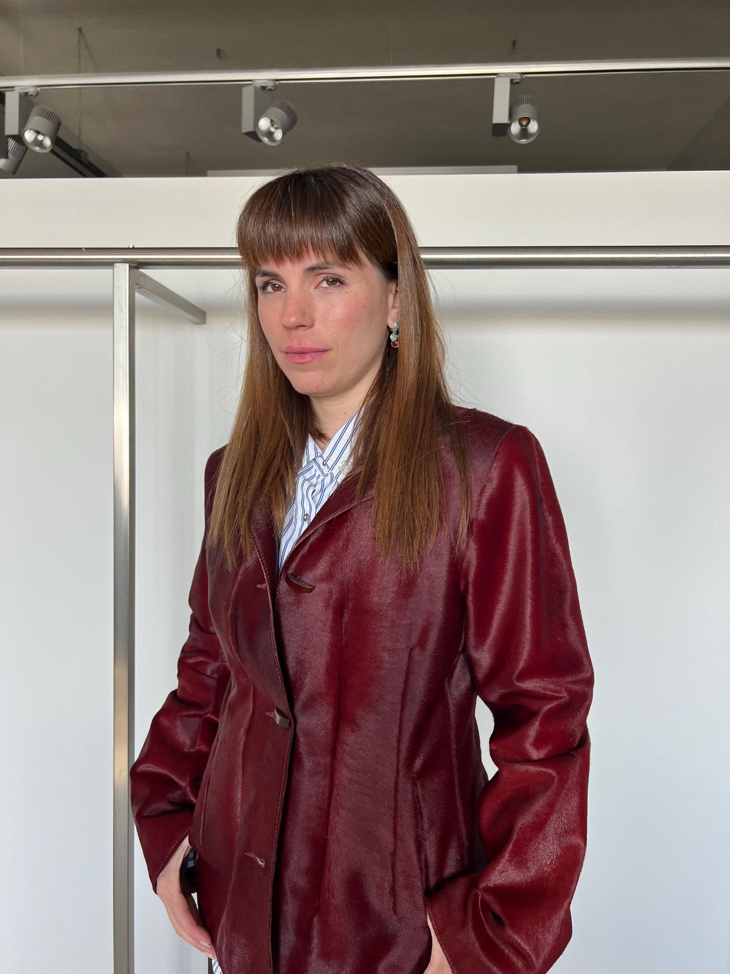 Genuine Cherry Leather Jacket: Hair-On Hide Calf Cavallino Coat