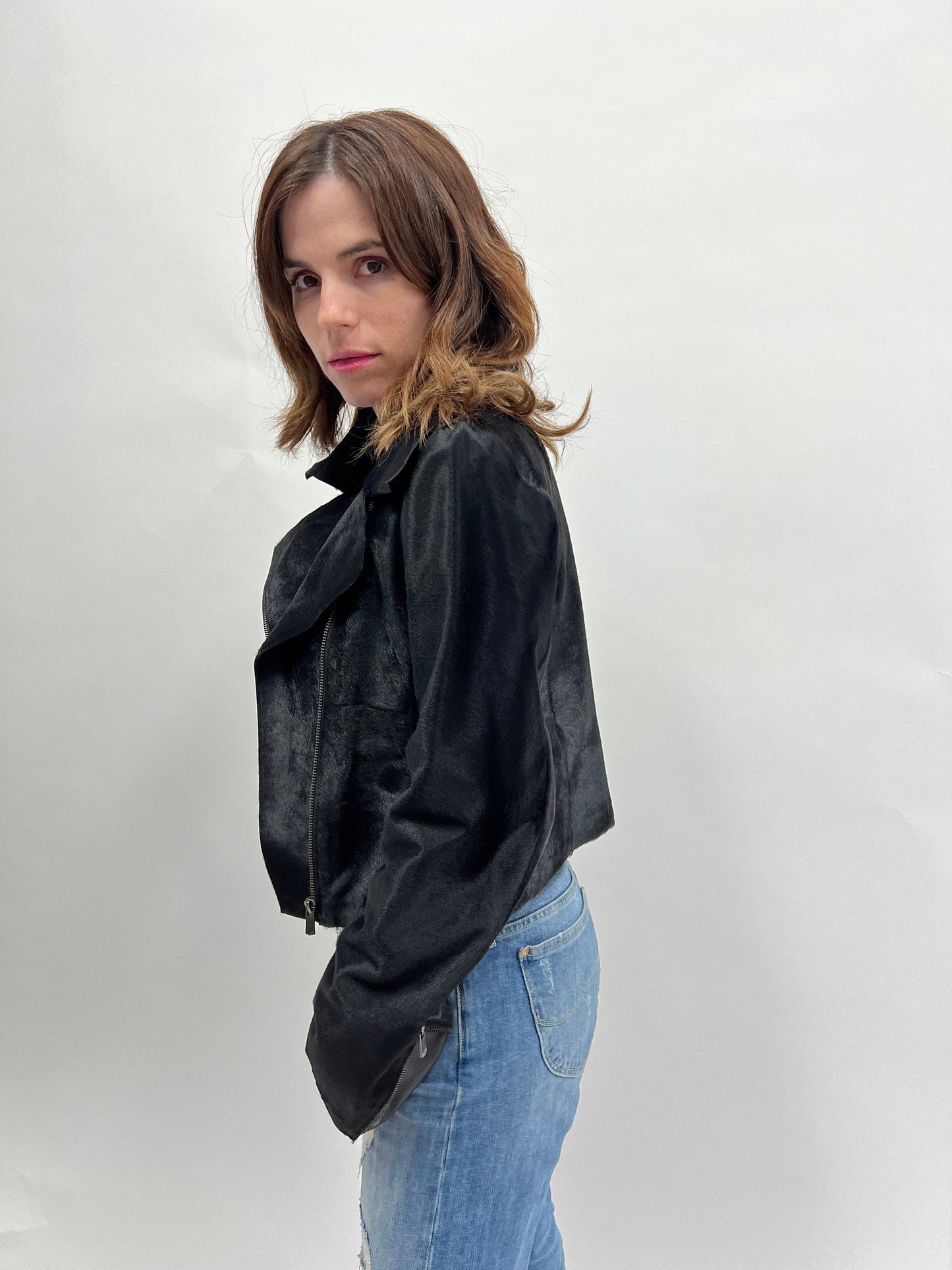 Genuine Cavallino Fur Biker Jacket: Hair-On Calf Leather, Lightweight Spring Coat