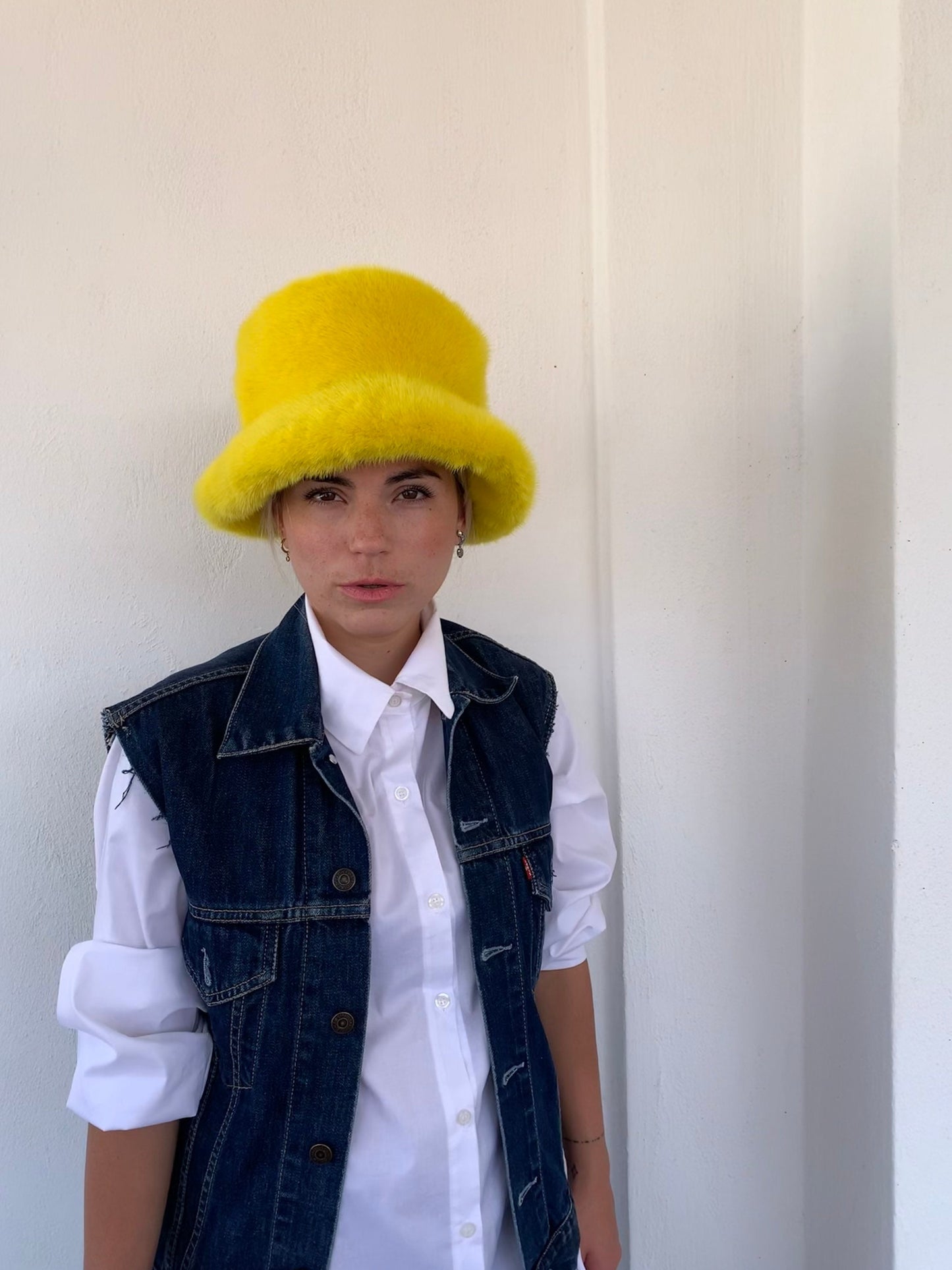 Handmade Yellow Mink Fur Bucket Hat: Luxury Winter Warmer