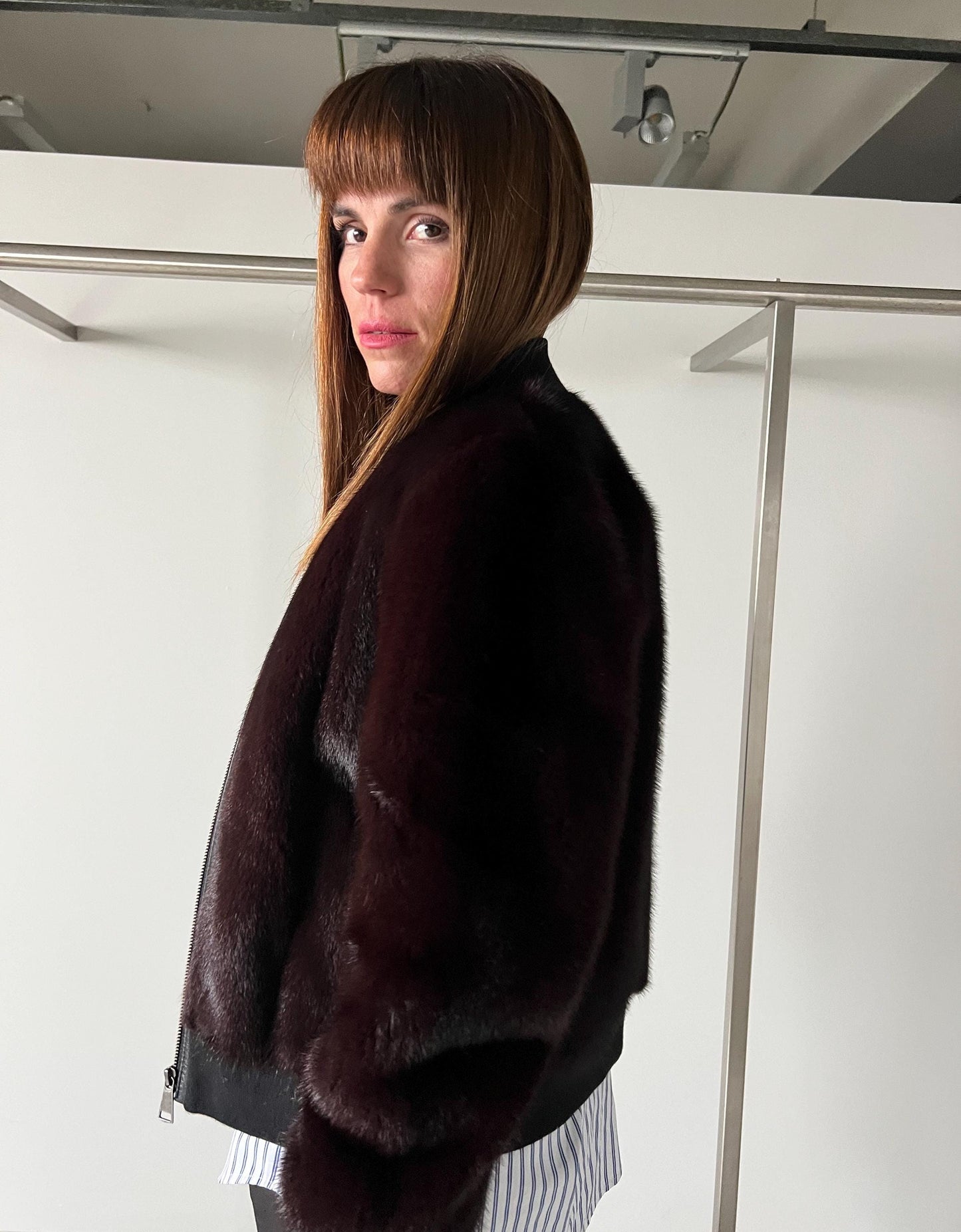 Burgundy Mink Fur Bomber Jacket: Elastic Hem, Silky Lining