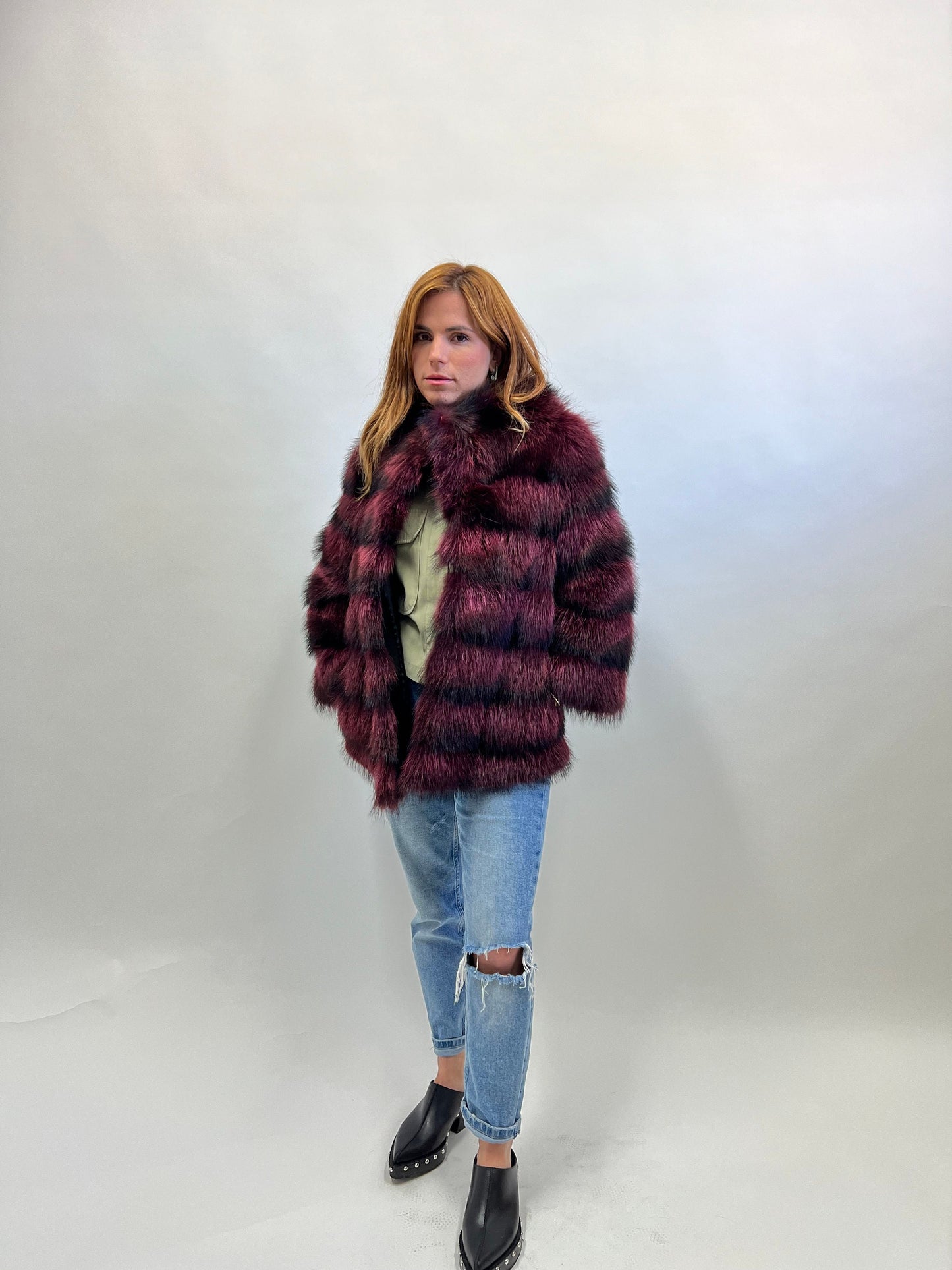 Burgundy Raccoon Fur Jacket: Leather Trim, Warm Winter Coat