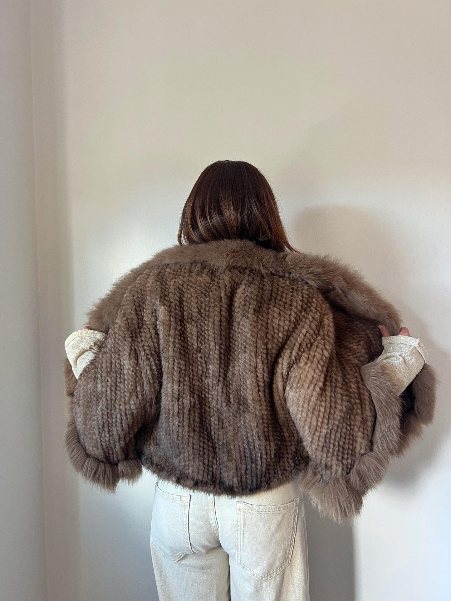 Handwoven Mink Cape with Fox Fur Trim - Taupe Poncho Jacket