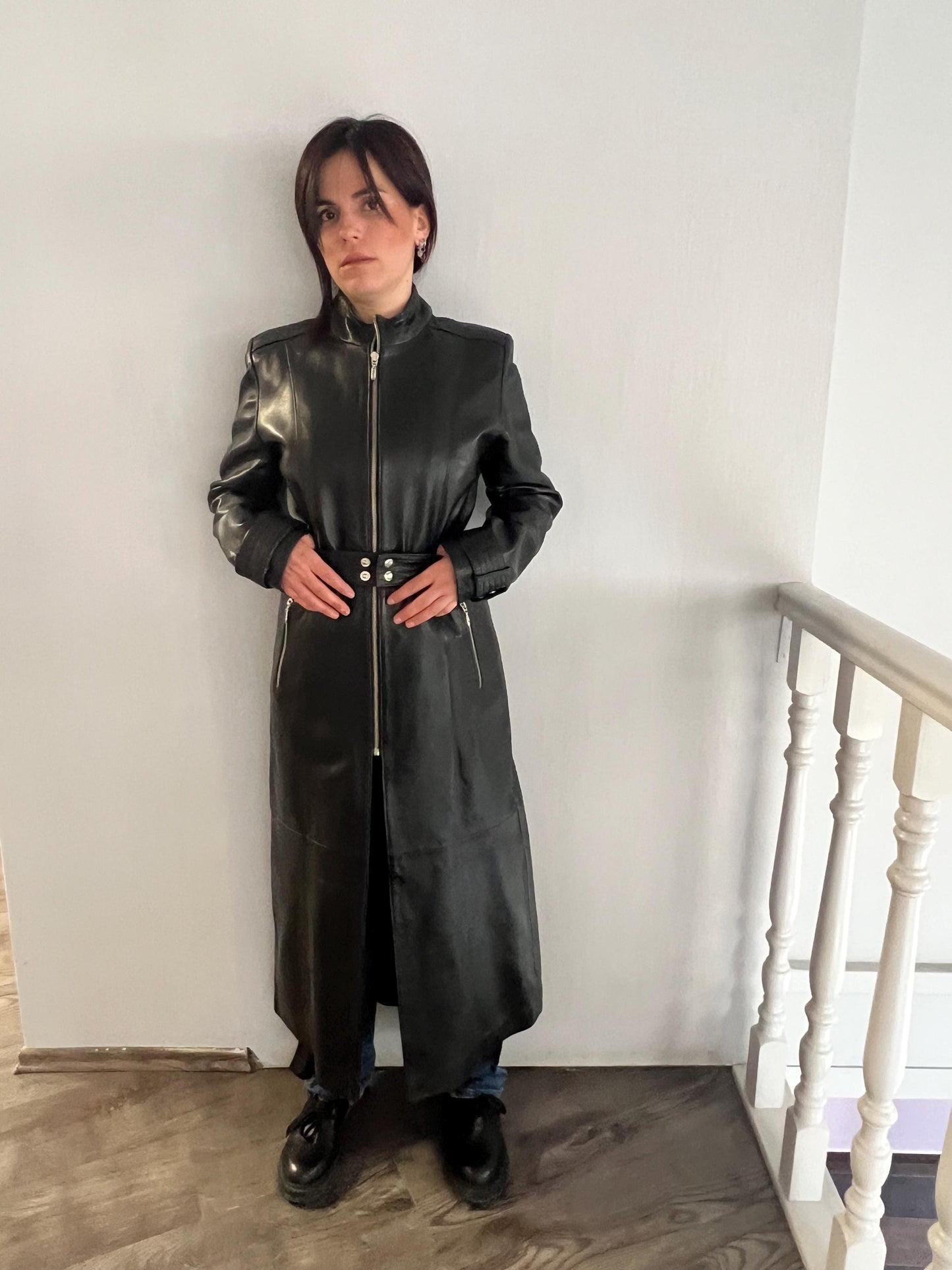 Handcrafted buttery Nappa Leather Coat with zippers and belt: Full Length Black Overcoat.
