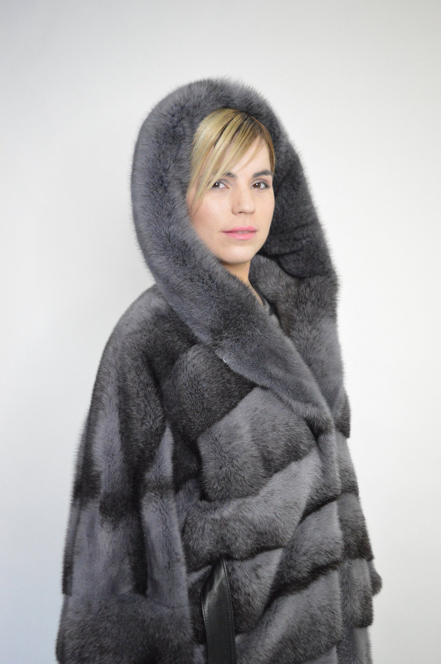 Gray Mink Fur Kimono Coat: Hooded Black Cross Dyed Stroller,oversized with Leather Belt