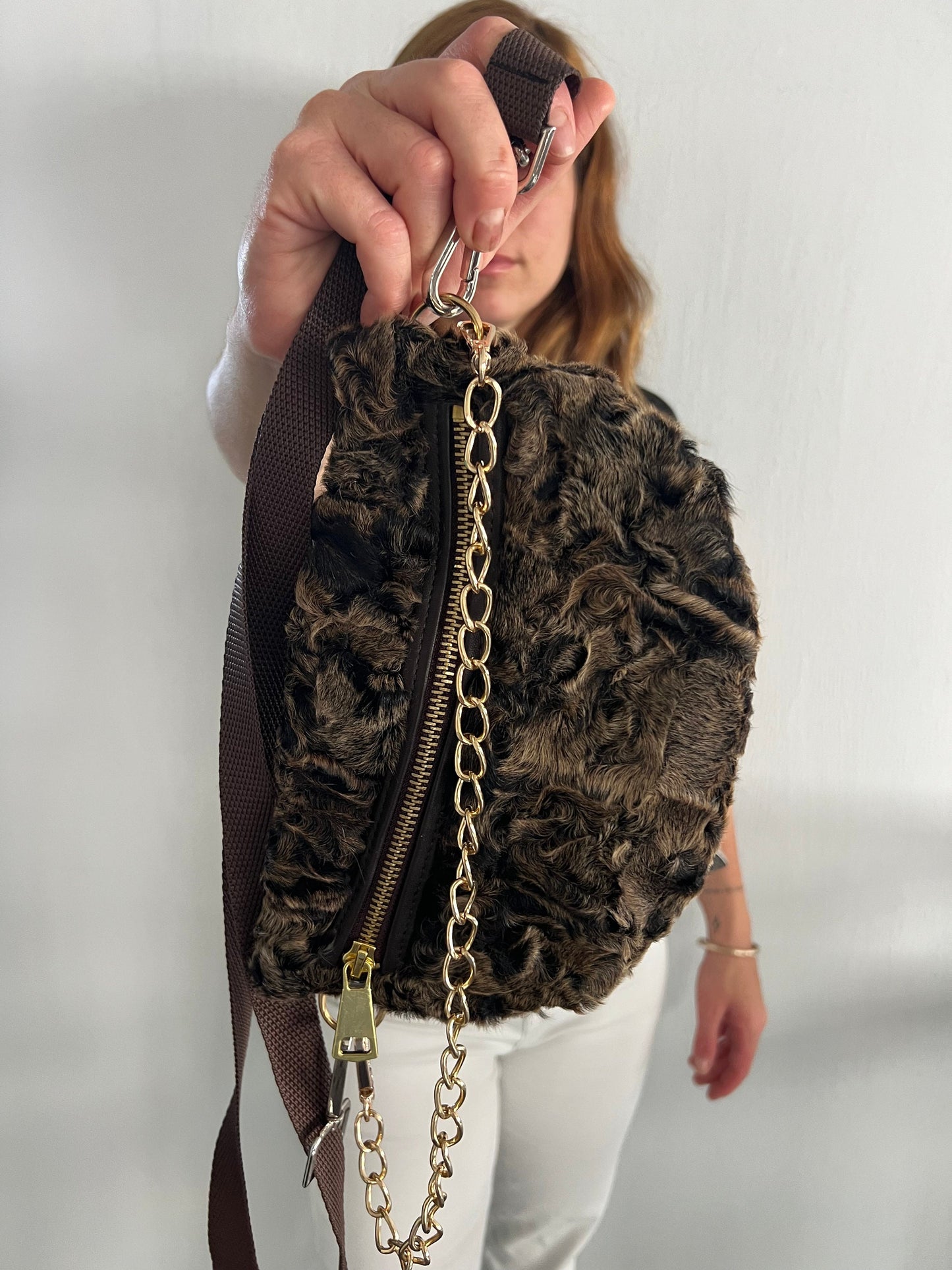 Real Mink Fur Bumbag: Brown Fanny Pack with Chain