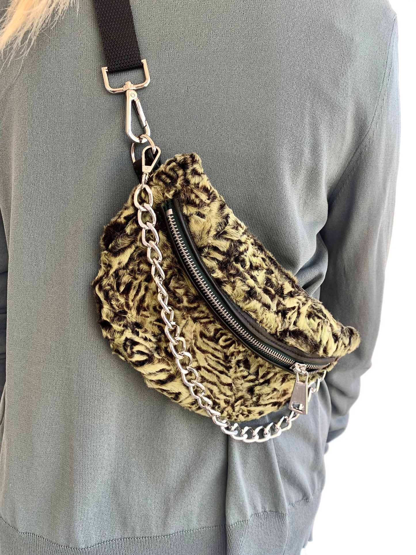 Lime Lamb Fur Bumbag with Chain: Luxury Fanny Pack