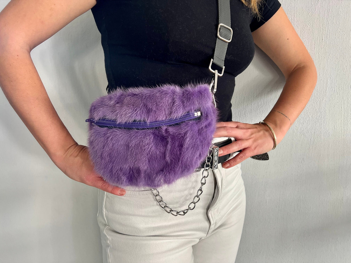 Purple Mink Fur Bumbag with Chain: Luxury Fanny Pack