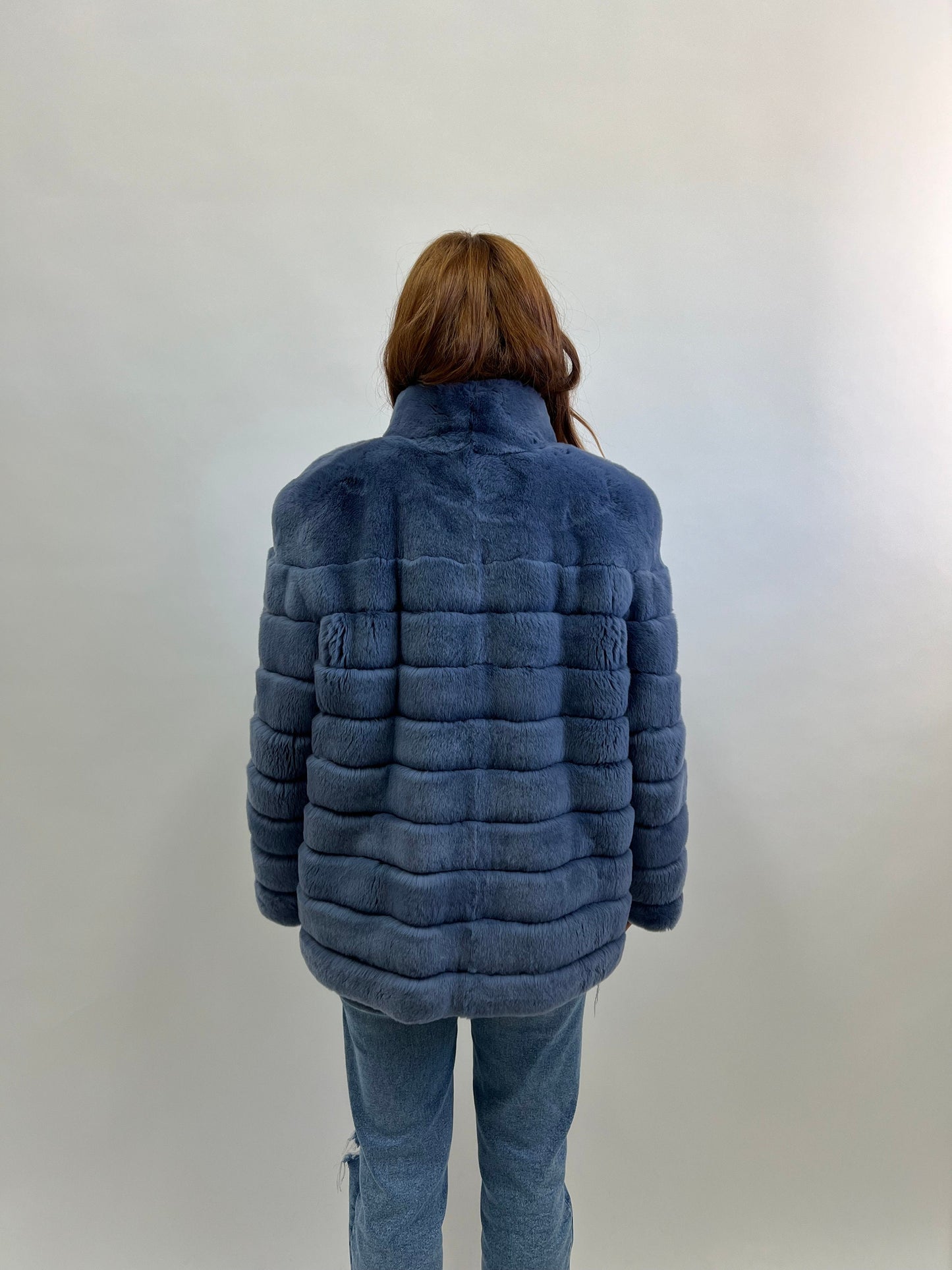 Plus Size Rex Rabbit Fur Jacket with Leather Trim