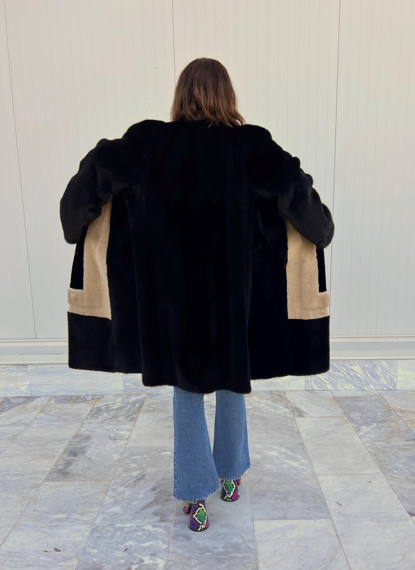 Blackglama Mink Fur Coat, Geometric Intarsia Design, Artisanal  Stroller
