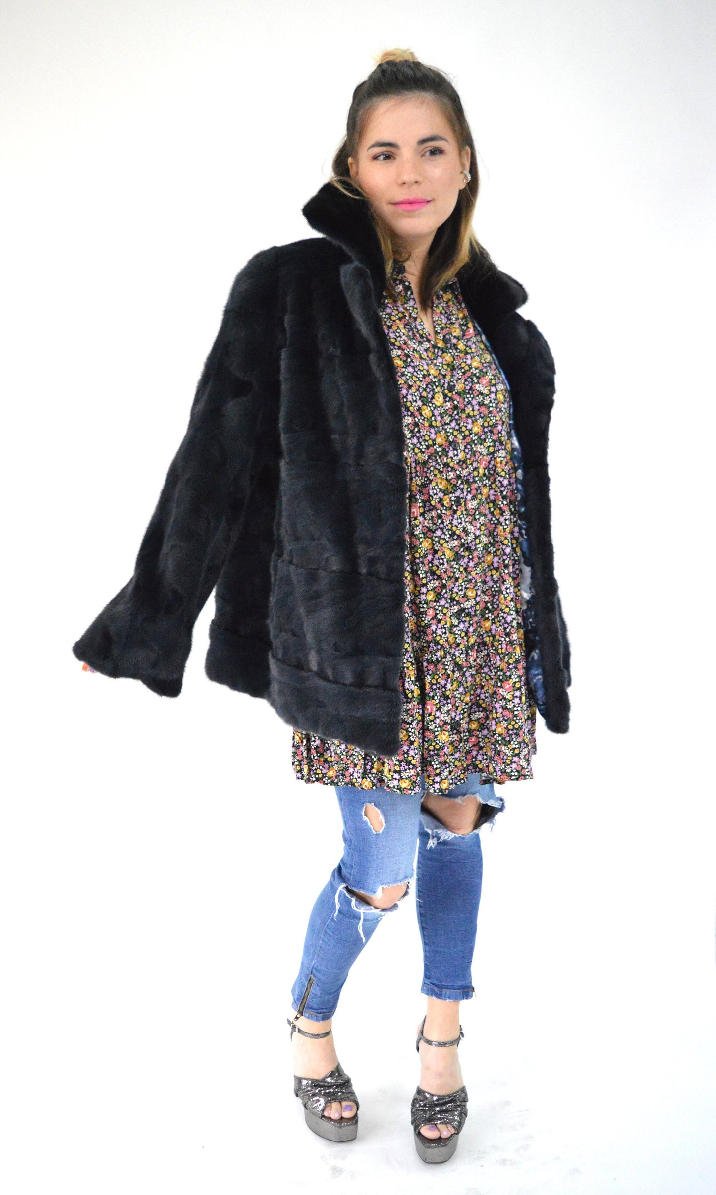 Navy Blue Mink Fur Stroller Coat: Black Collar, Luxury Gift