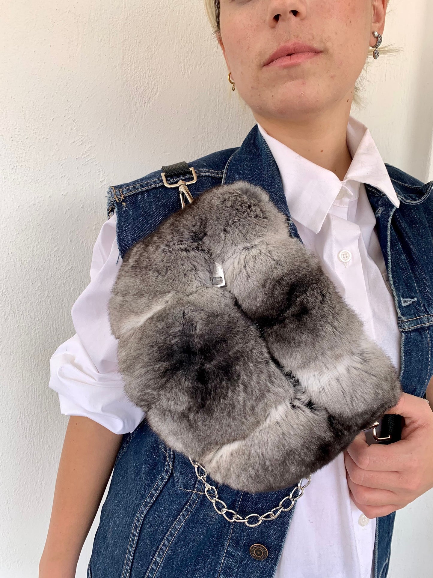 Real Rabbit Fur Bumbag: White Fanny Pack with Chain