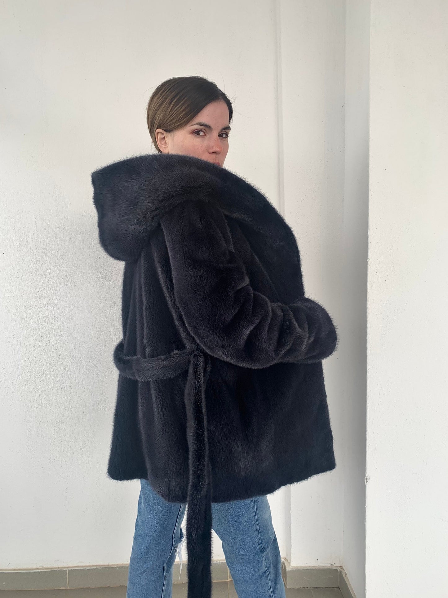 Denim Blue Mink Fur Stroller Coat: Hooded Belted Luxury