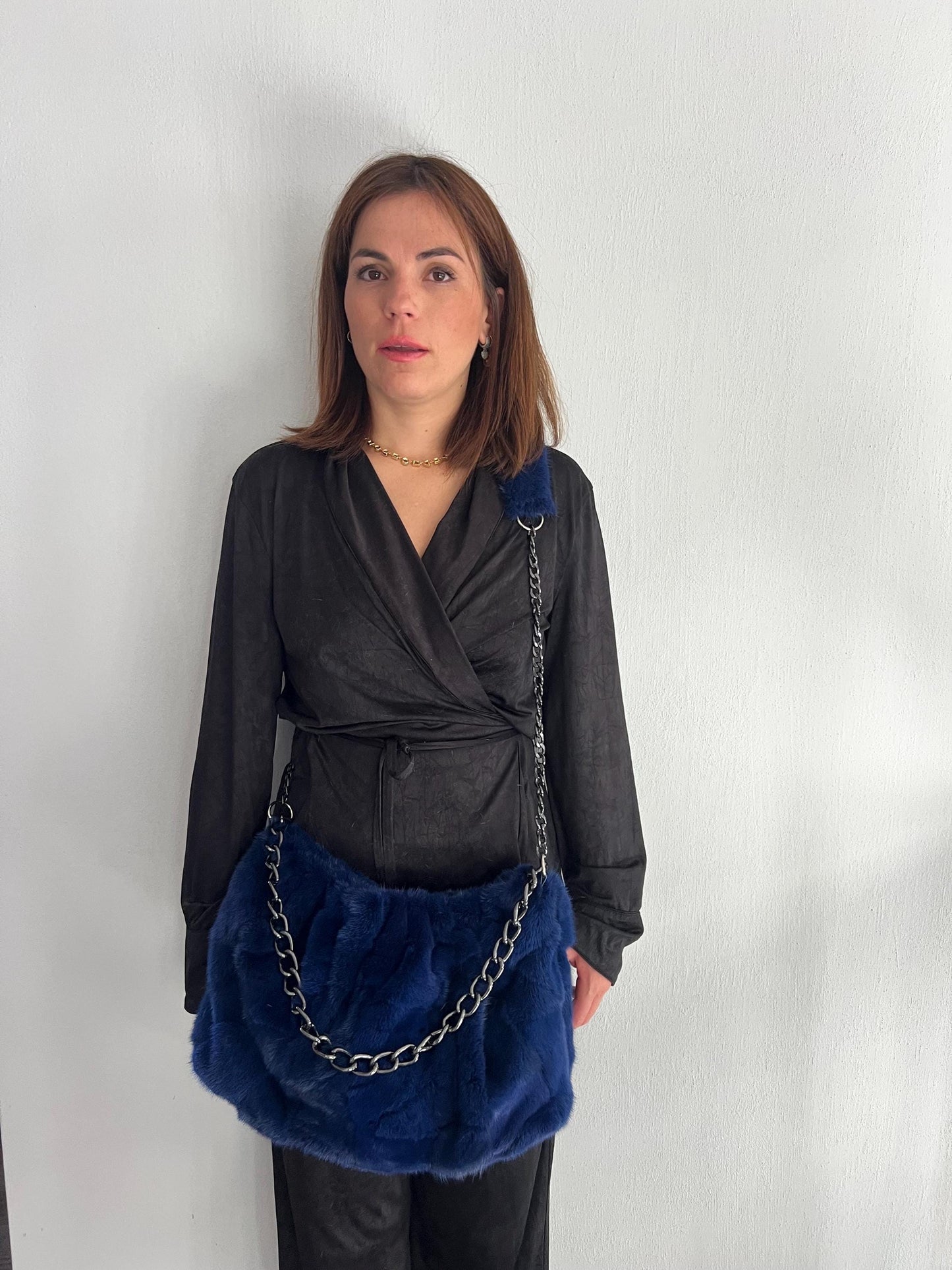 Navy Mink Fur Slouch Bag: Handmade grey Strap Crossbody