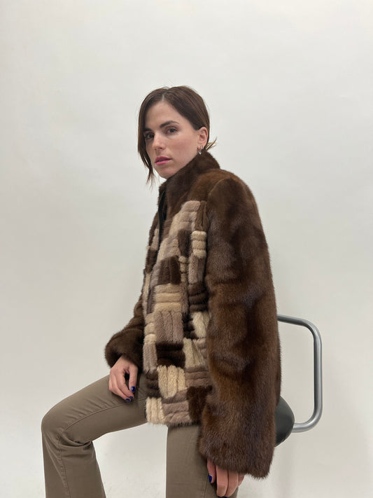 Intarsia Brown Mink Fur Jacket: Lightweight Zip Coat, Saga Fur