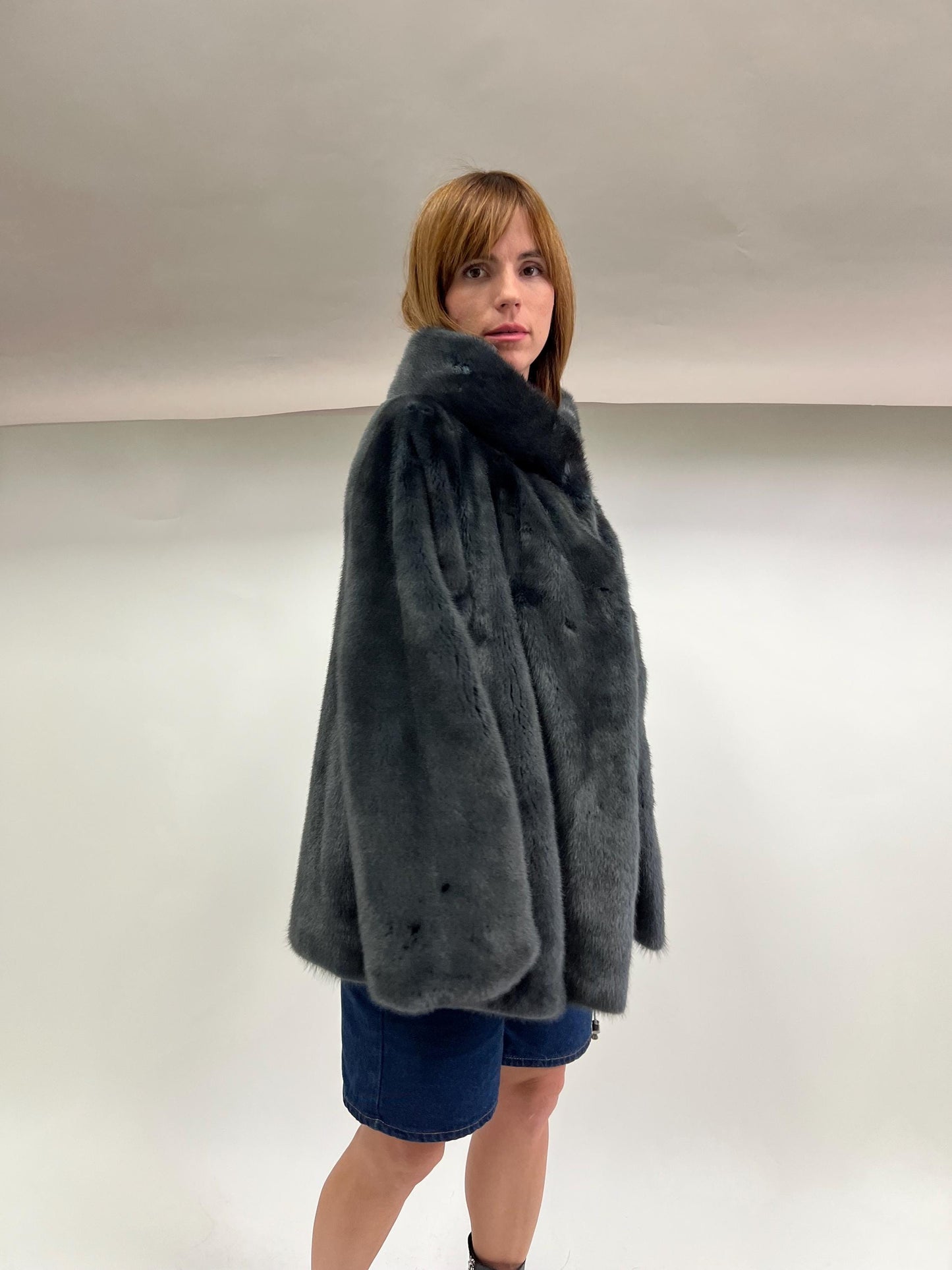 Saga Quality Petrol Mink Fur Jacket: Edgy Stand Up Collar