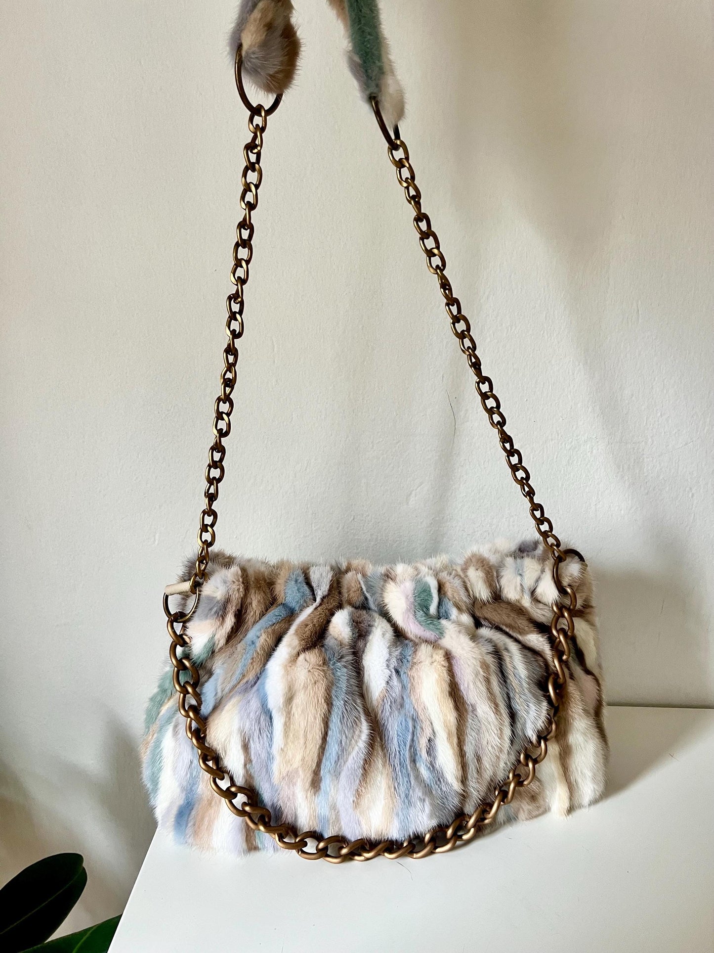 Multicolor Mink Fur Pouch Bag: Slouchy Shoulder Bag with Bronze Straps