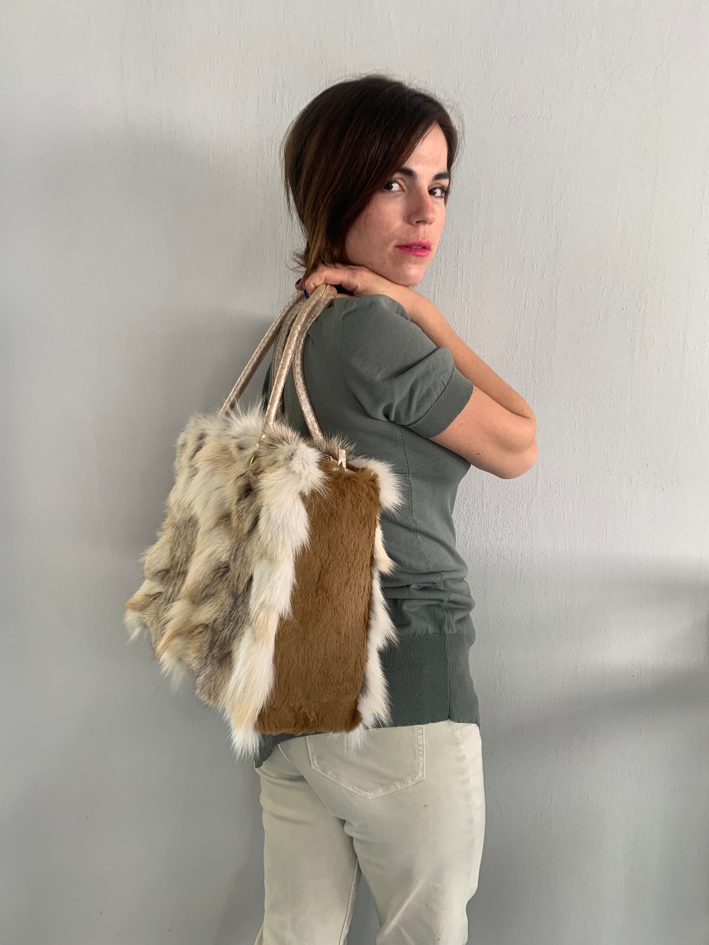 Genuine Fox Fur Handbag: Golden Island White Fur Shoulder Bag