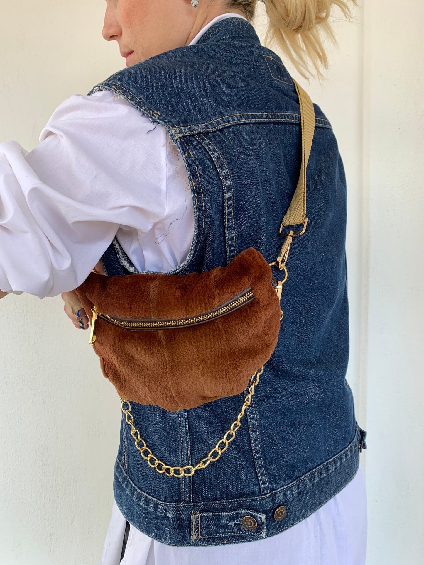 Cognac Mink Fur Bumbag with Chain: Luxury Fanny Pack