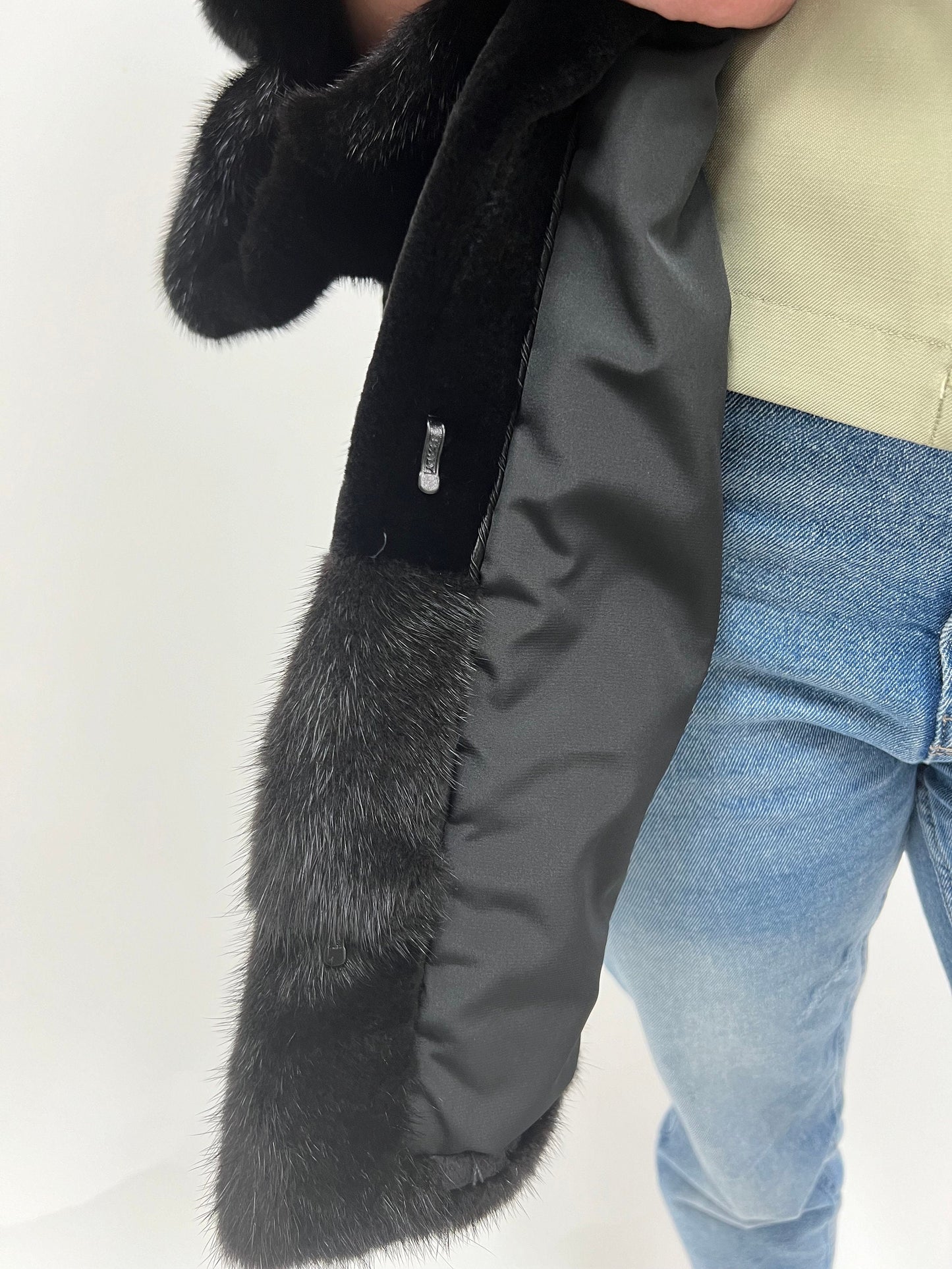 Black Sheared Mink Fur Coat with Belt & Big Collar